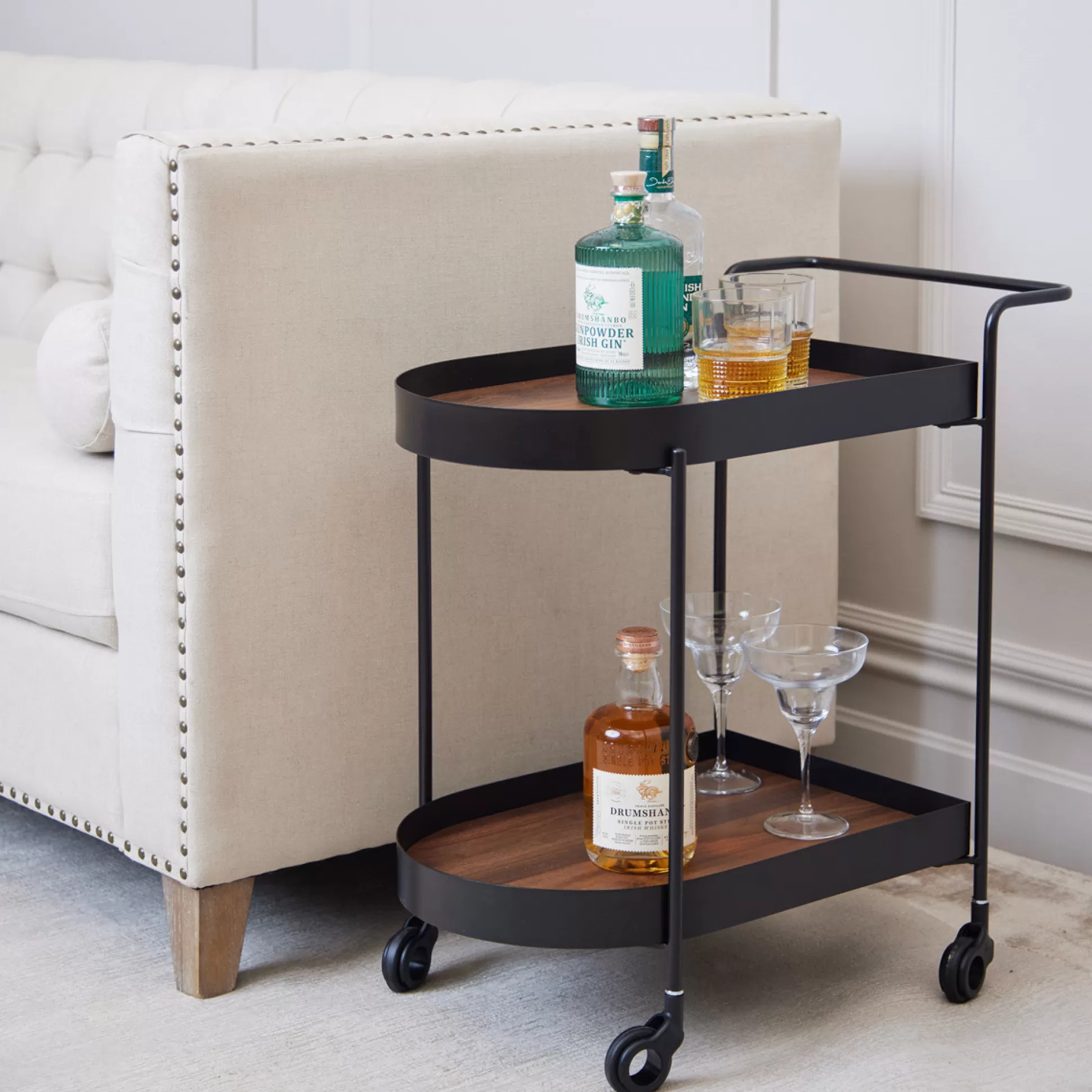 - Side Tables>Meadows and Byrne Andor Walnut Veneer & Black Metal Trolley
