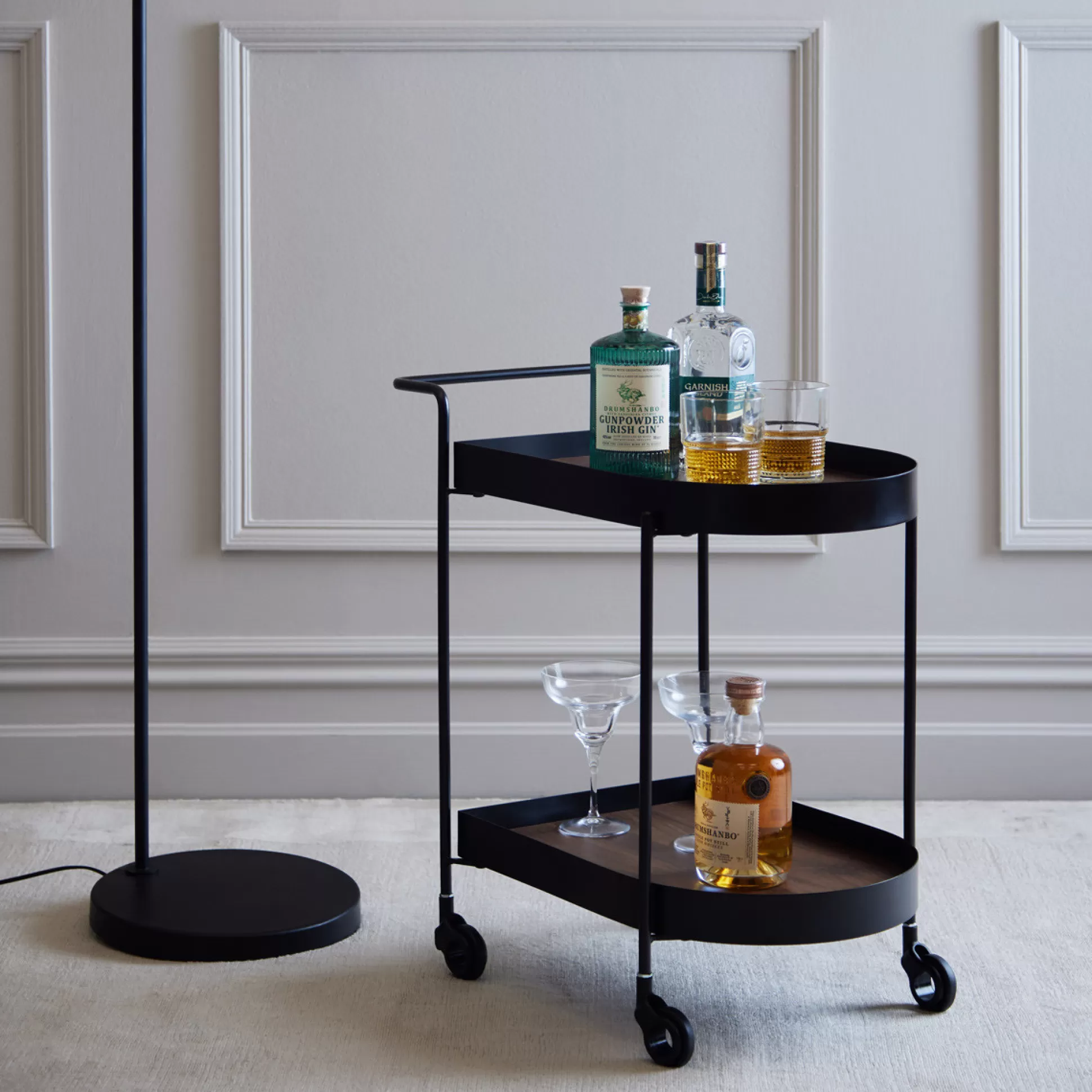 - Side Tables>Meadows and Byrne Andor Walnut Veneer & Black Metal Trolley