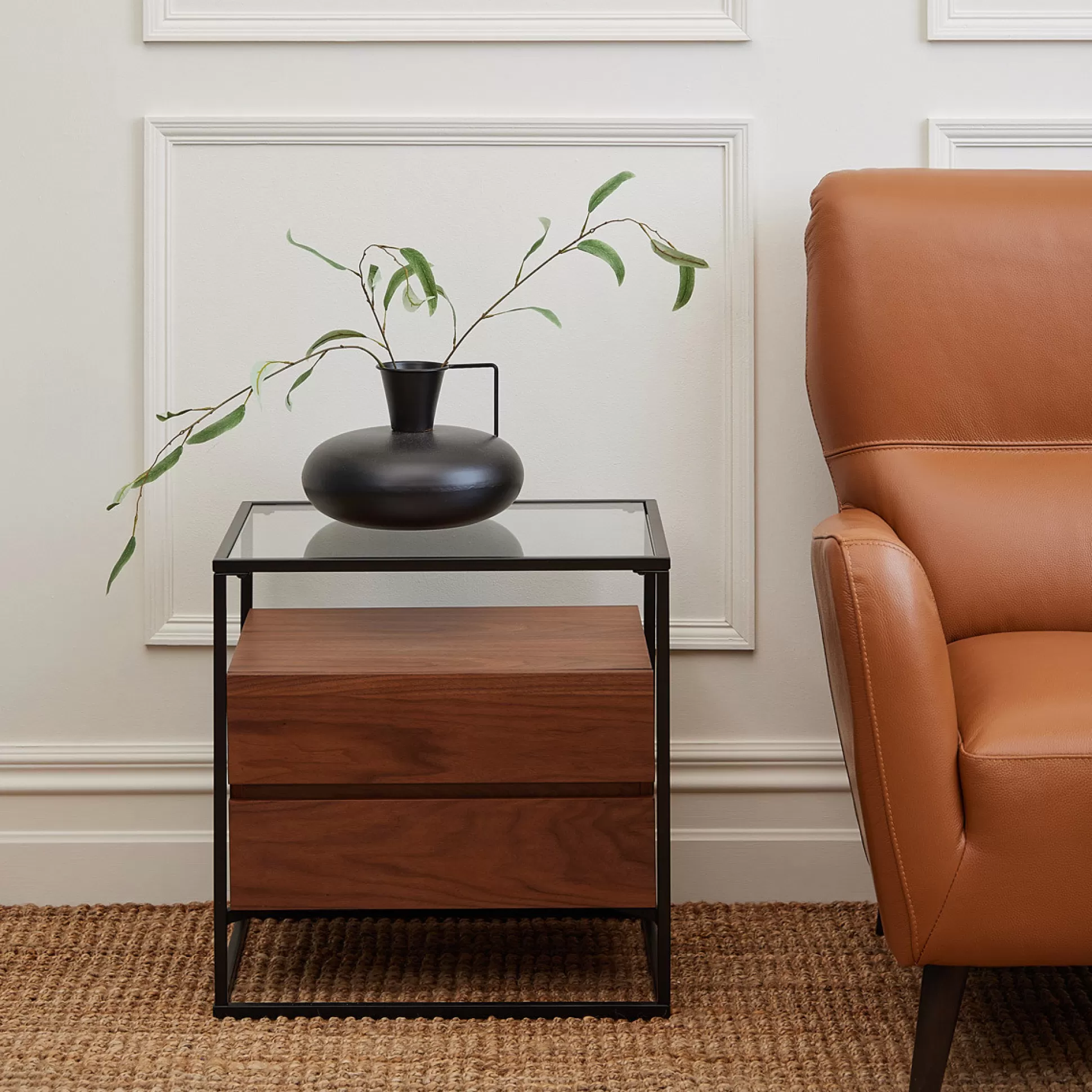 - Side Tables>Meadows and Byrne Ashabi Walnut And Glass Bedside Table