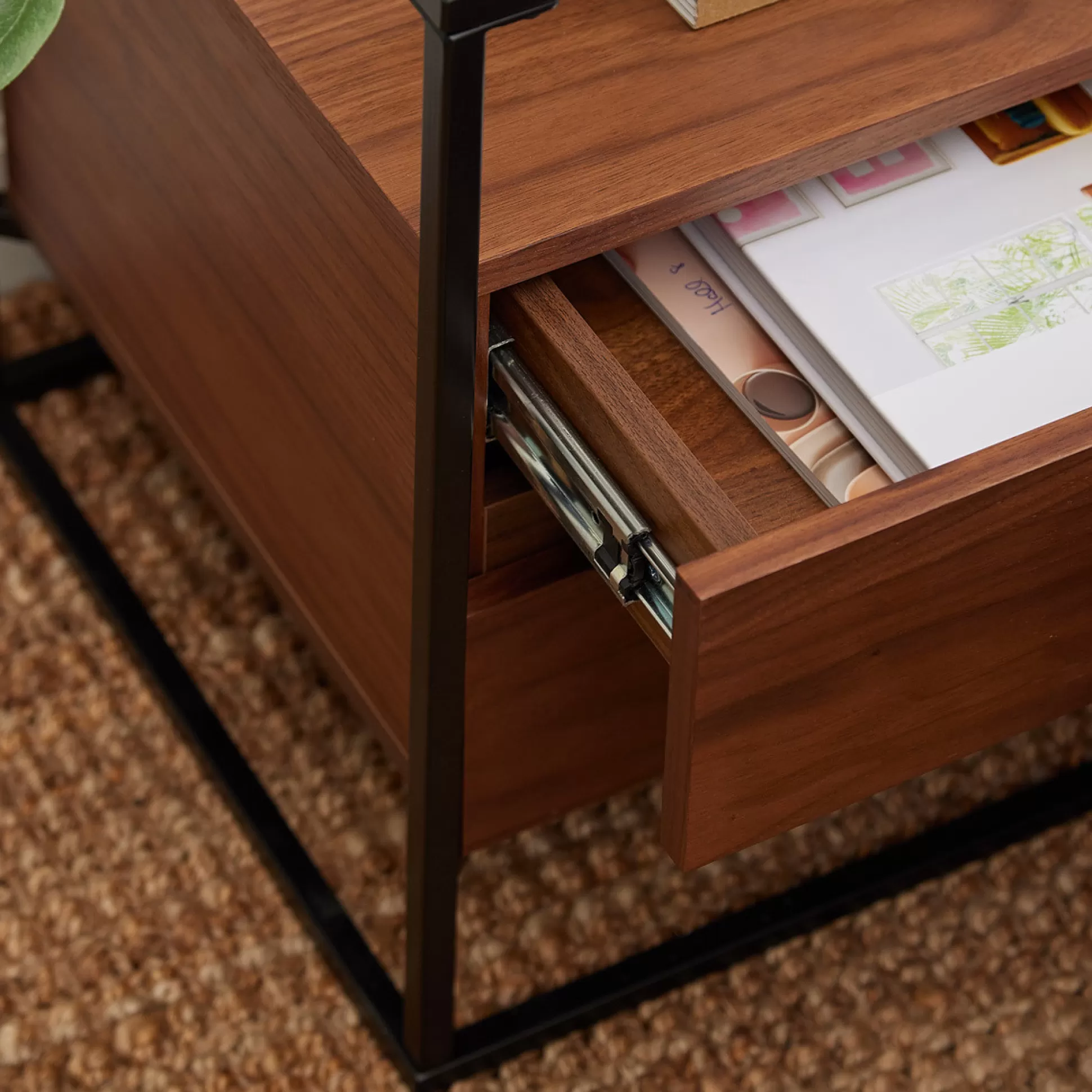 - Side Tables>Meadows and Byrne Ashabi Walnut And Glass Bedside Table