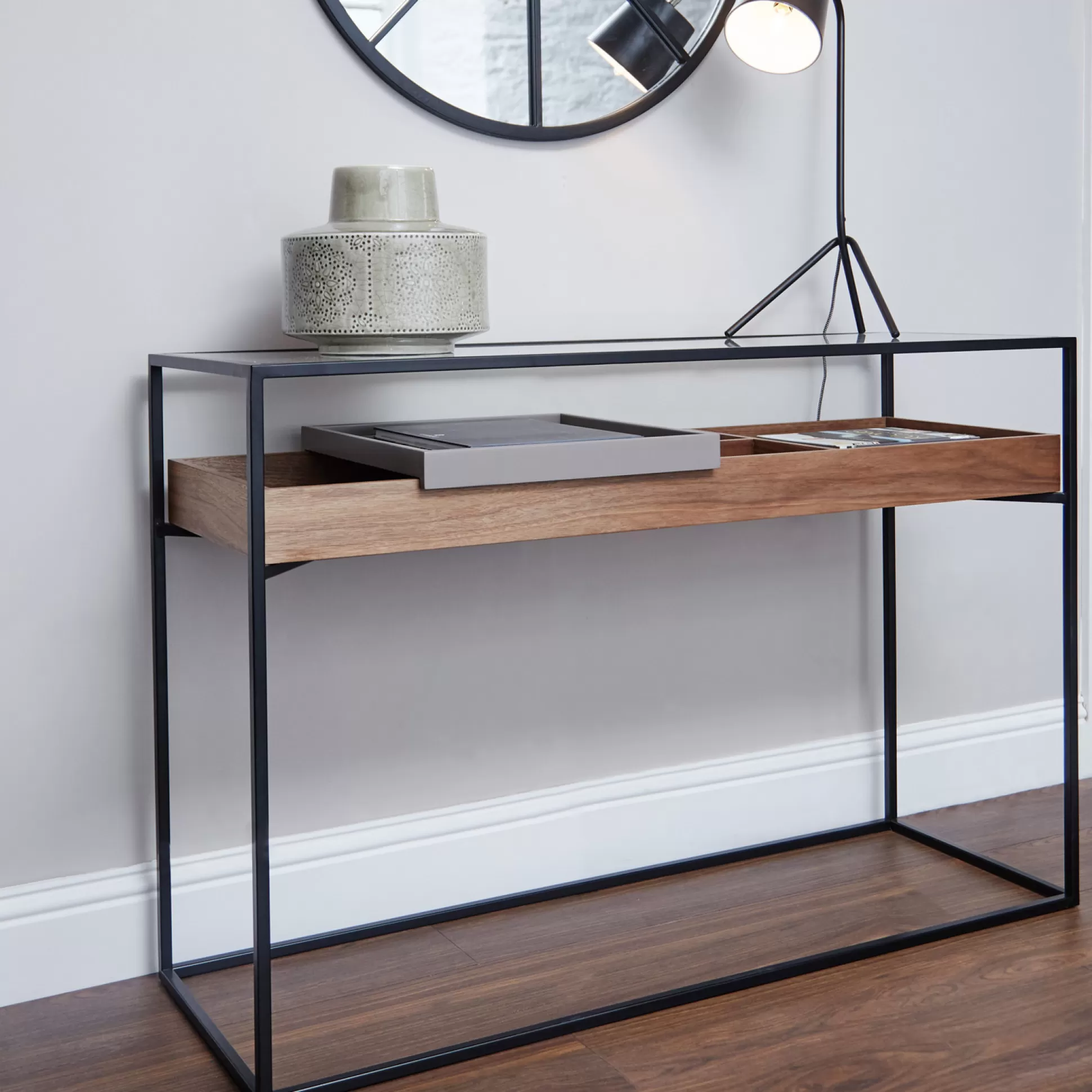 - Console Tables>Meadows and Byrne Ashabi Walnut And Glass Console