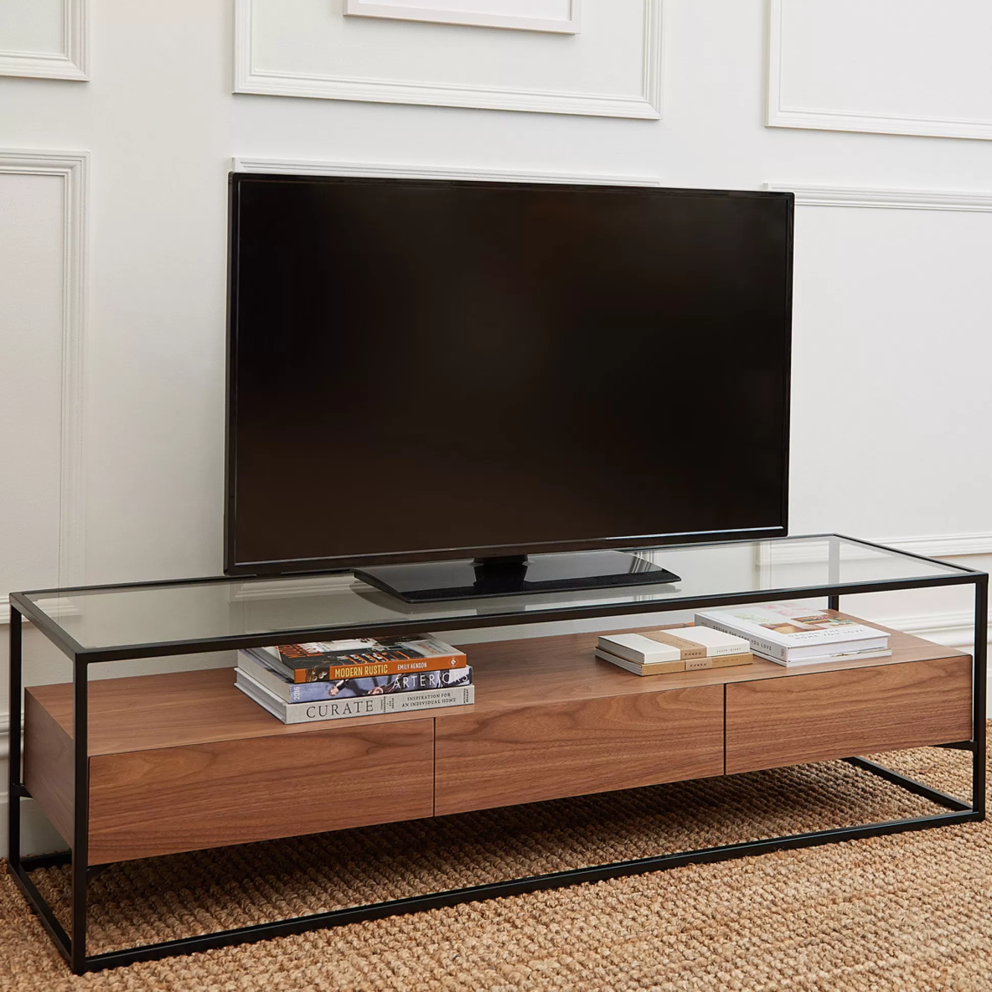- Console Tables>Meadows and Byrne Ashabi Walnut And Glass Low Console