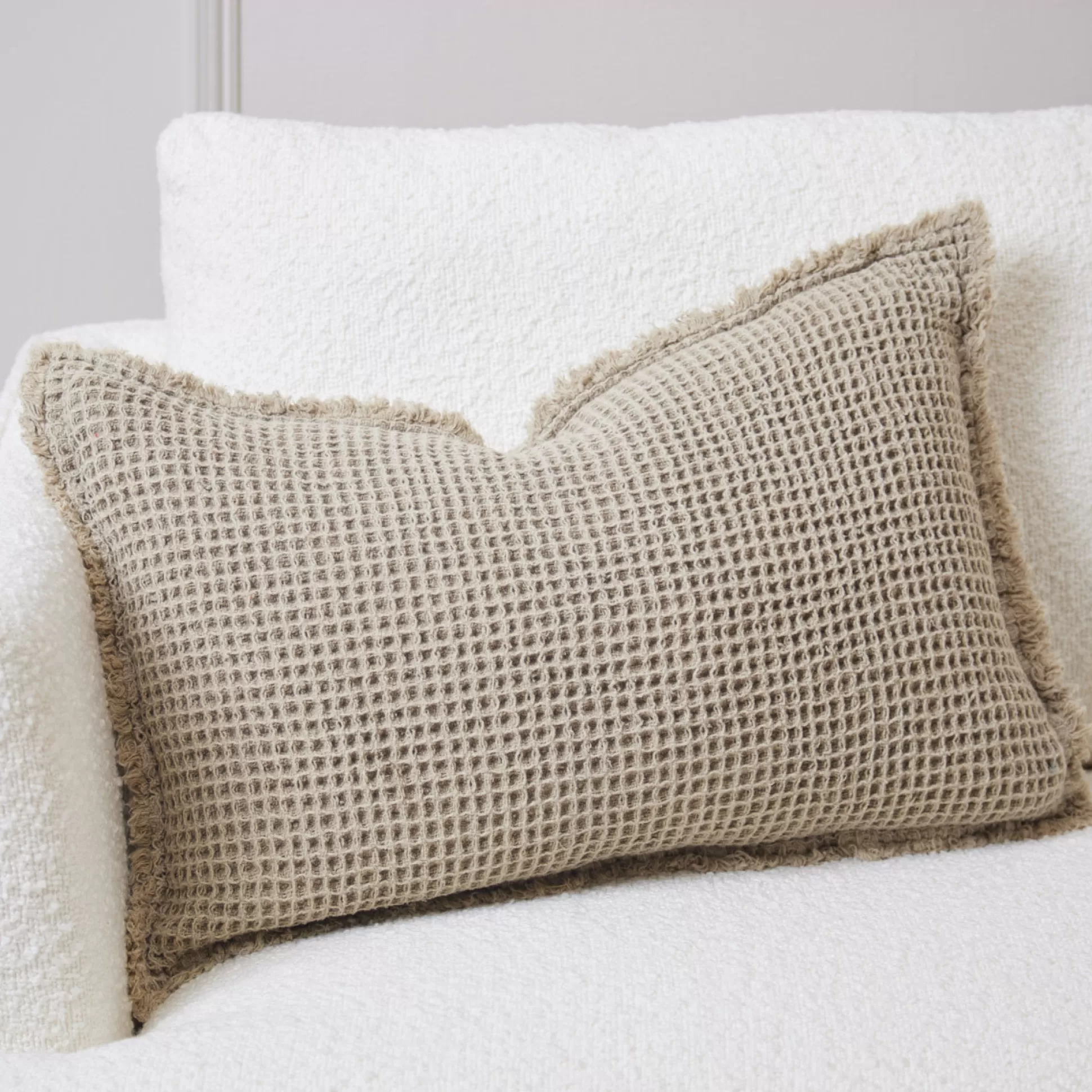 Cushions>Meadows and Byrne Beige Waffle Cushion With Frayed Edge