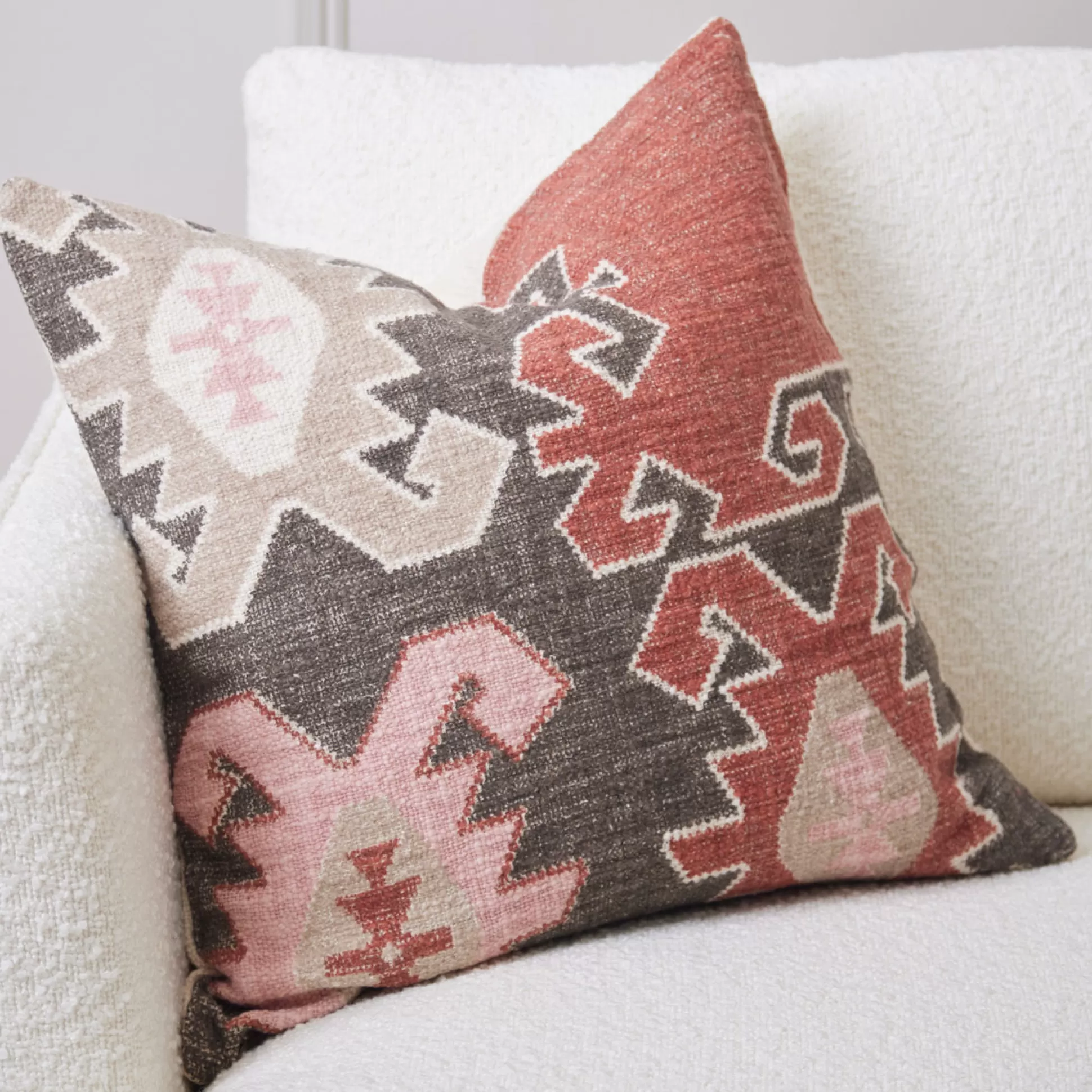Cushions>Meadows and Byrne Coral & Grey Aztec Cushion
