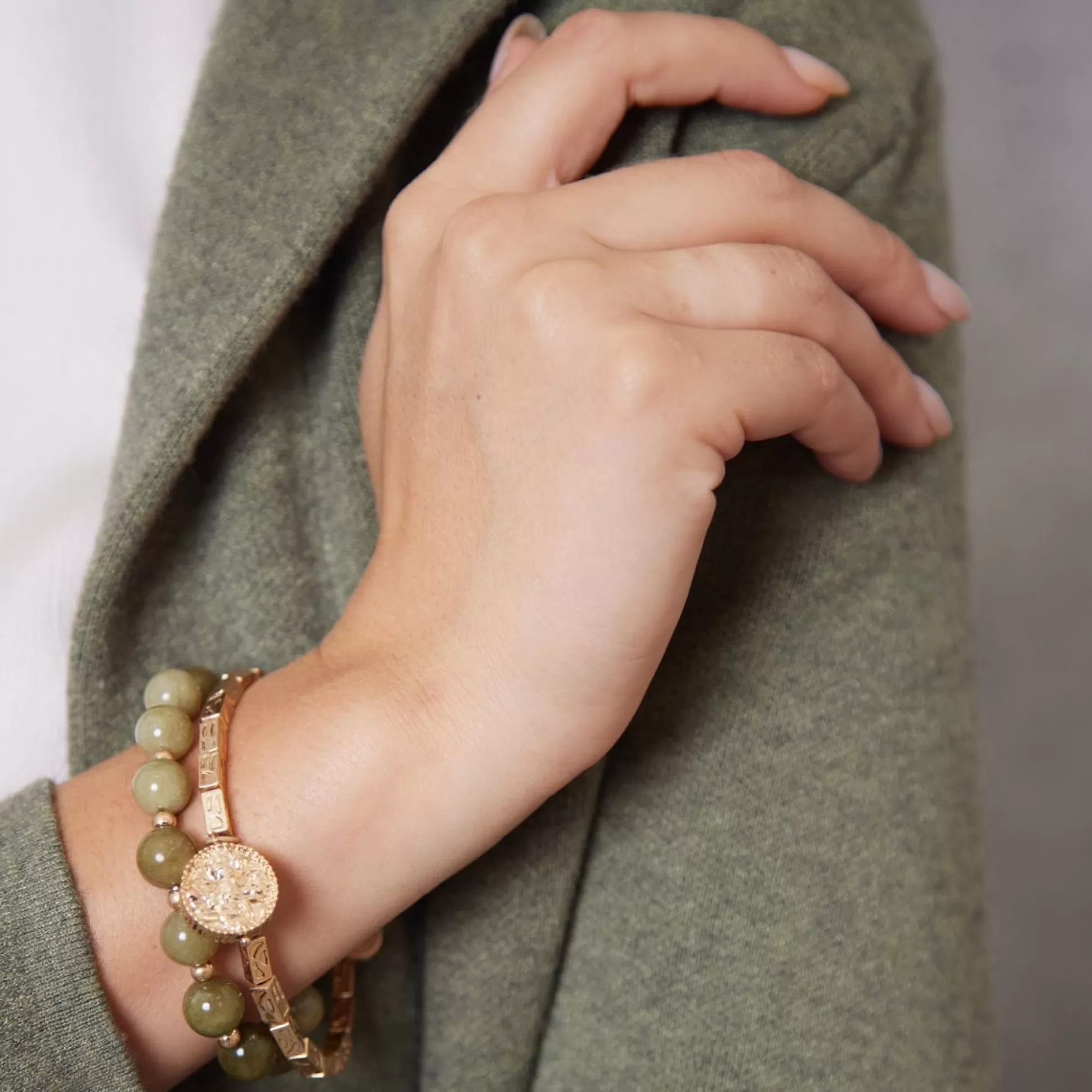 Jewellery>Meadows and Byrne Double Layer Stone Charm Bracelet Gold/Green
