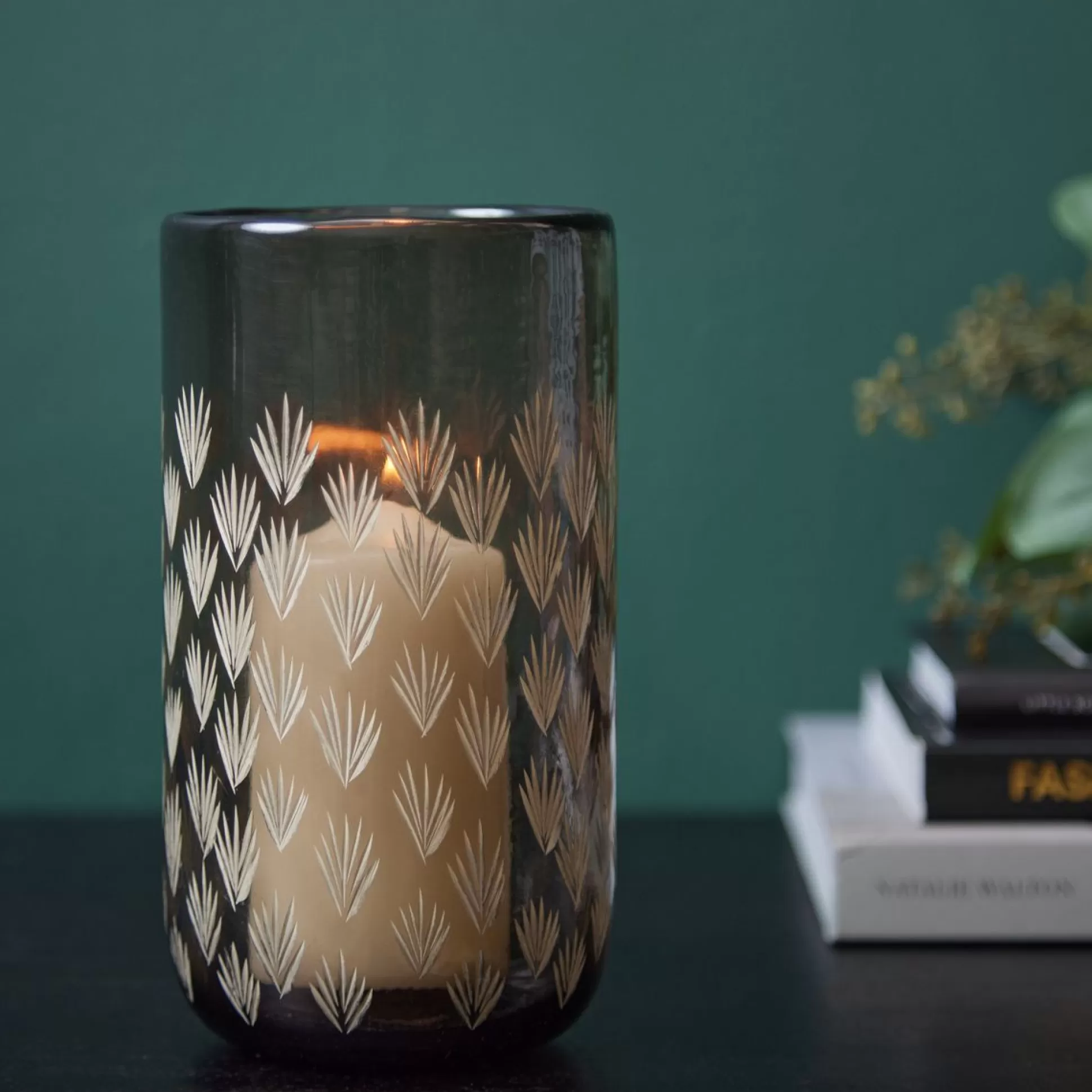 Candle Holders>Meadows and Byrne Etched Hurricane With Smoked Grey Glass