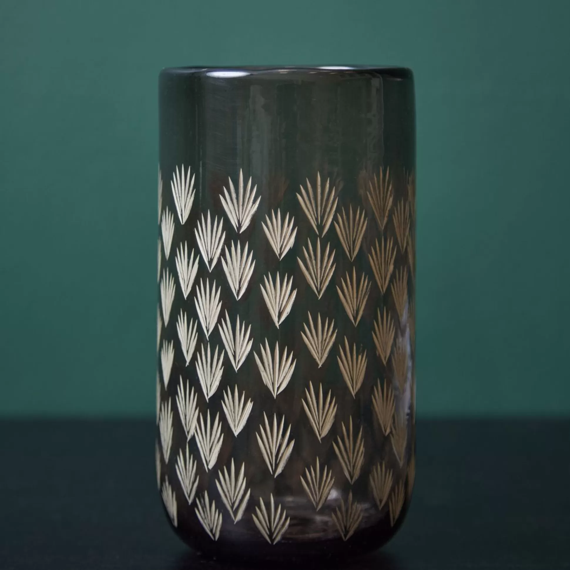 Candle Holders>Meadows and Byrne Etched Hurricane With Smoked Grey Glass