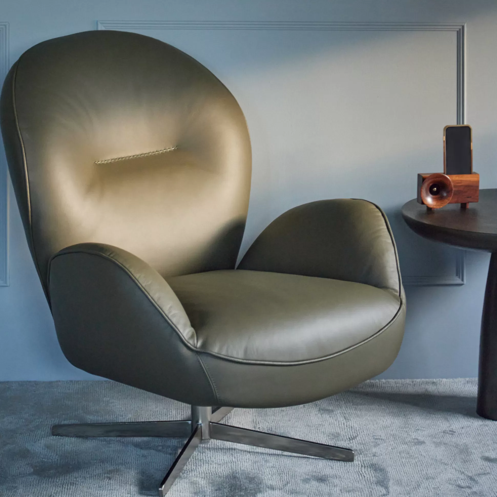 Armchairs>Meadows and Byrne Flemming Dark Olive Leather Swivel Chair