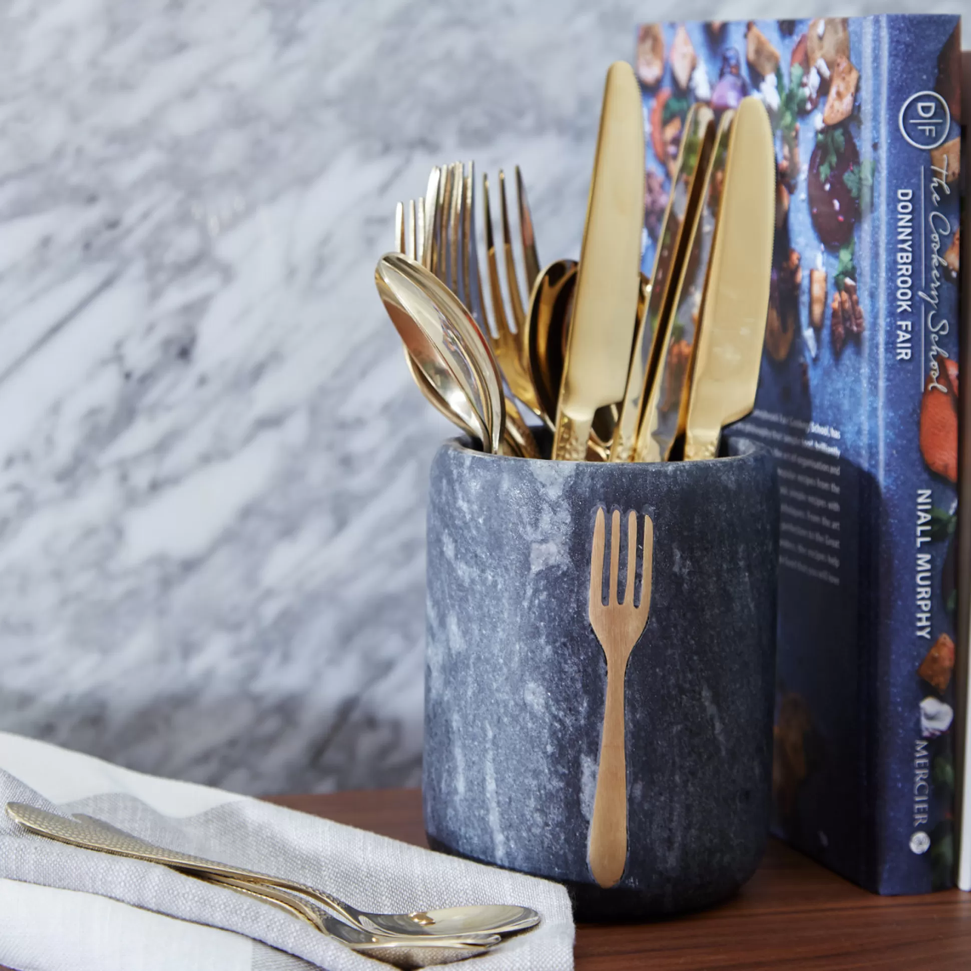 Kitchen Utensils & Accessories>Meadows and Byrne Fork Grey Marble & Brass Utensil Holder