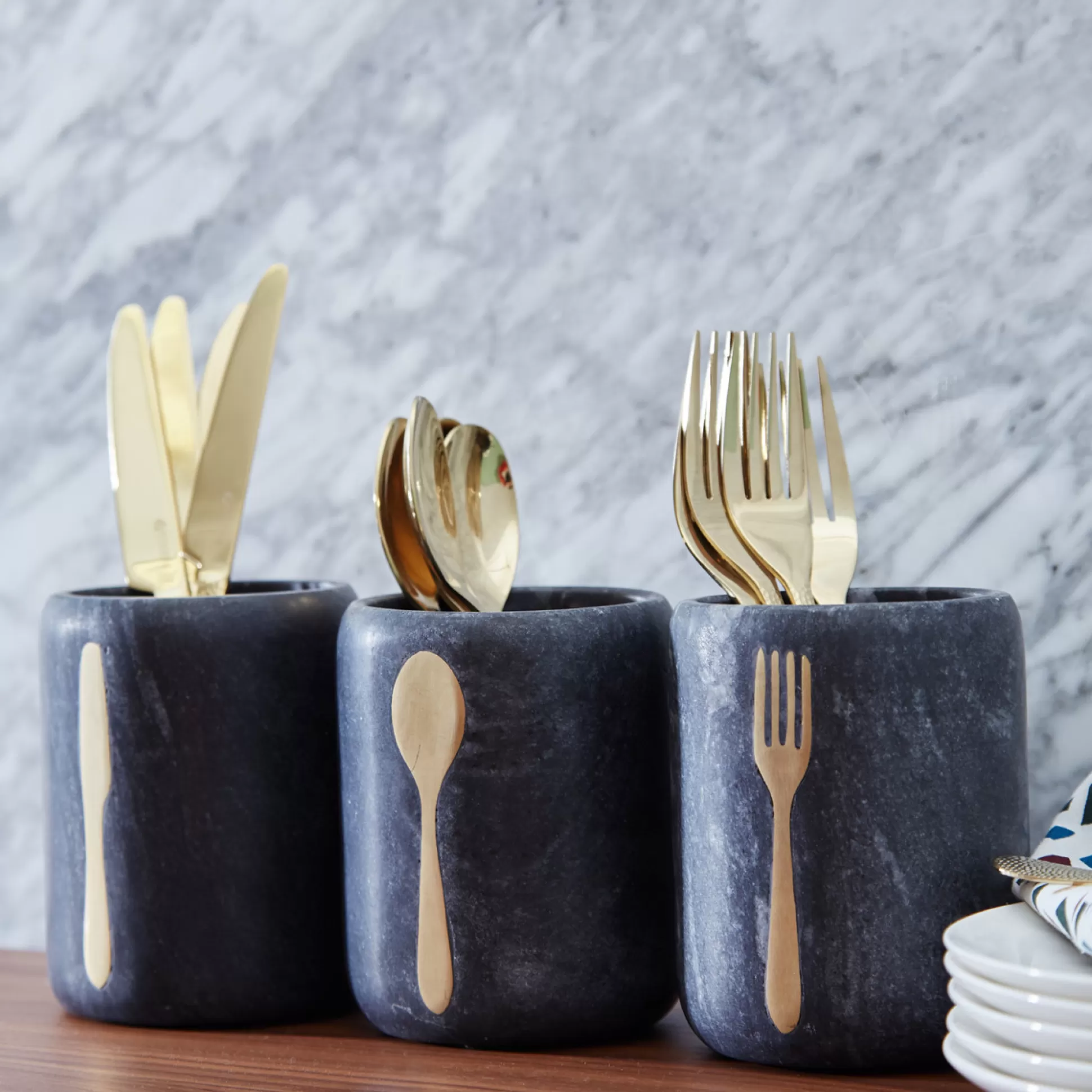 Kitchen Utensils & Accessories>Meadows and Byrne Fork Grey Marble & Brass Utensil Holder