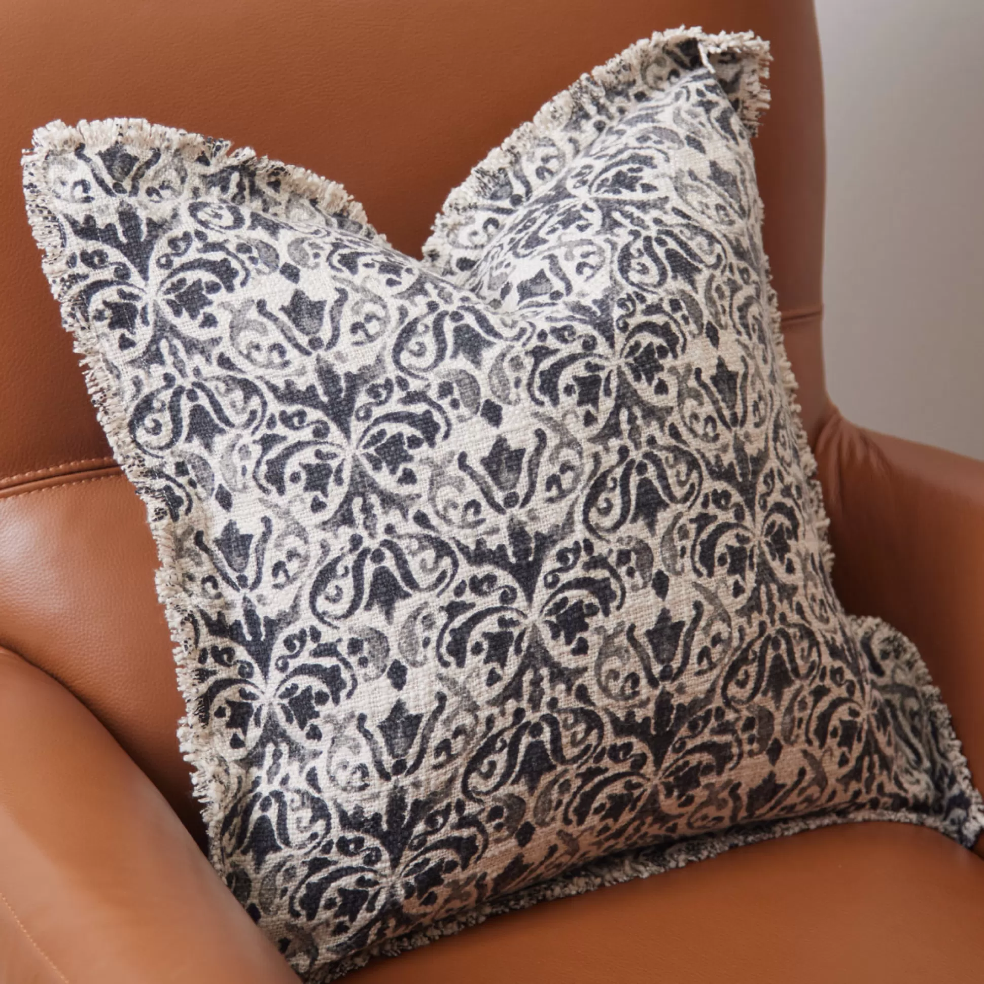 Cushions>Meadows and Byrne Grey Crewel Print Cushion With Frayed Edge