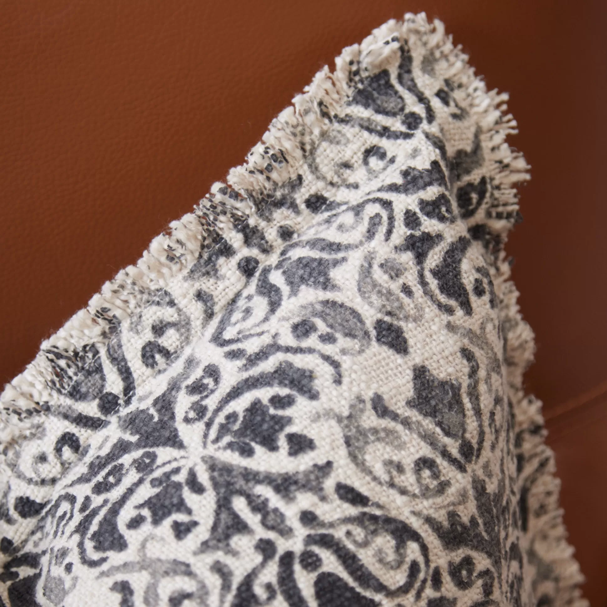Cushions>Meadows and Byrne Grey Crewel Print Cushion With Frayed Edge
