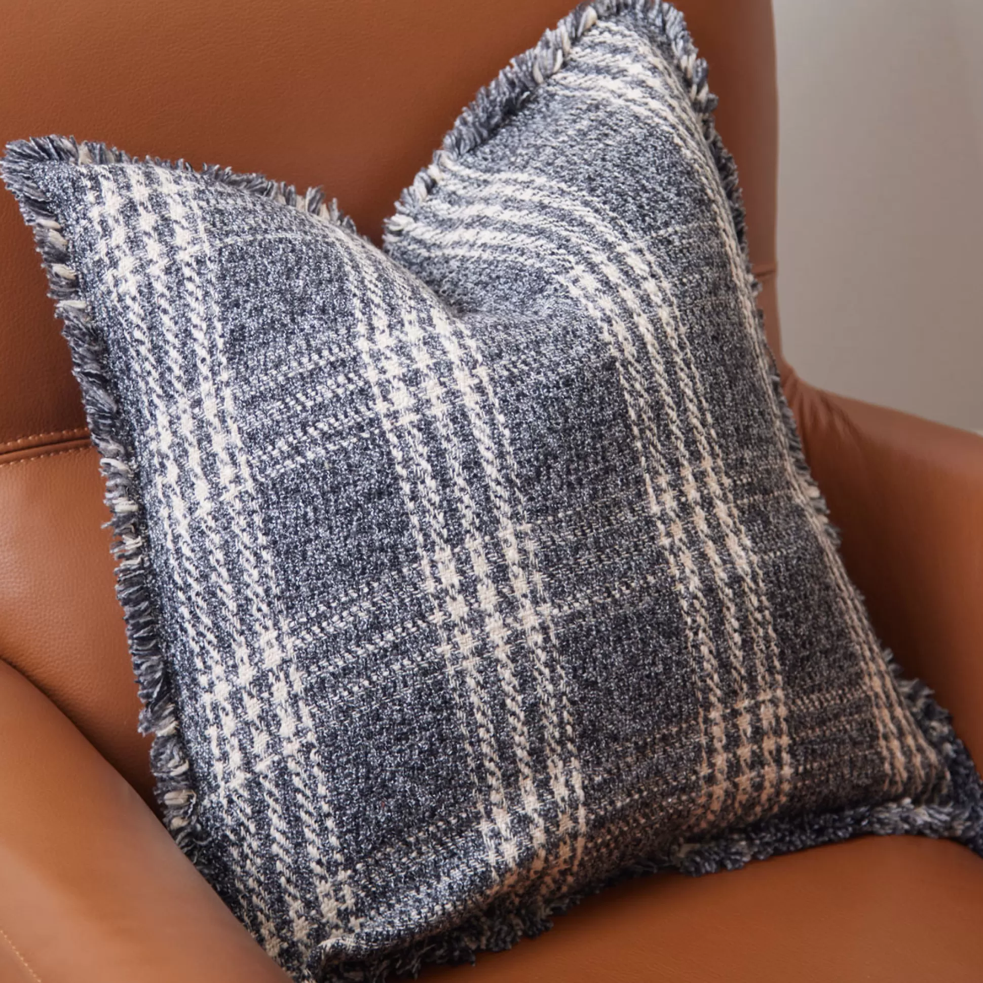 Cushions>Meadows and Byrne Grey Tartan Mixed Cushion With Frayed Edge