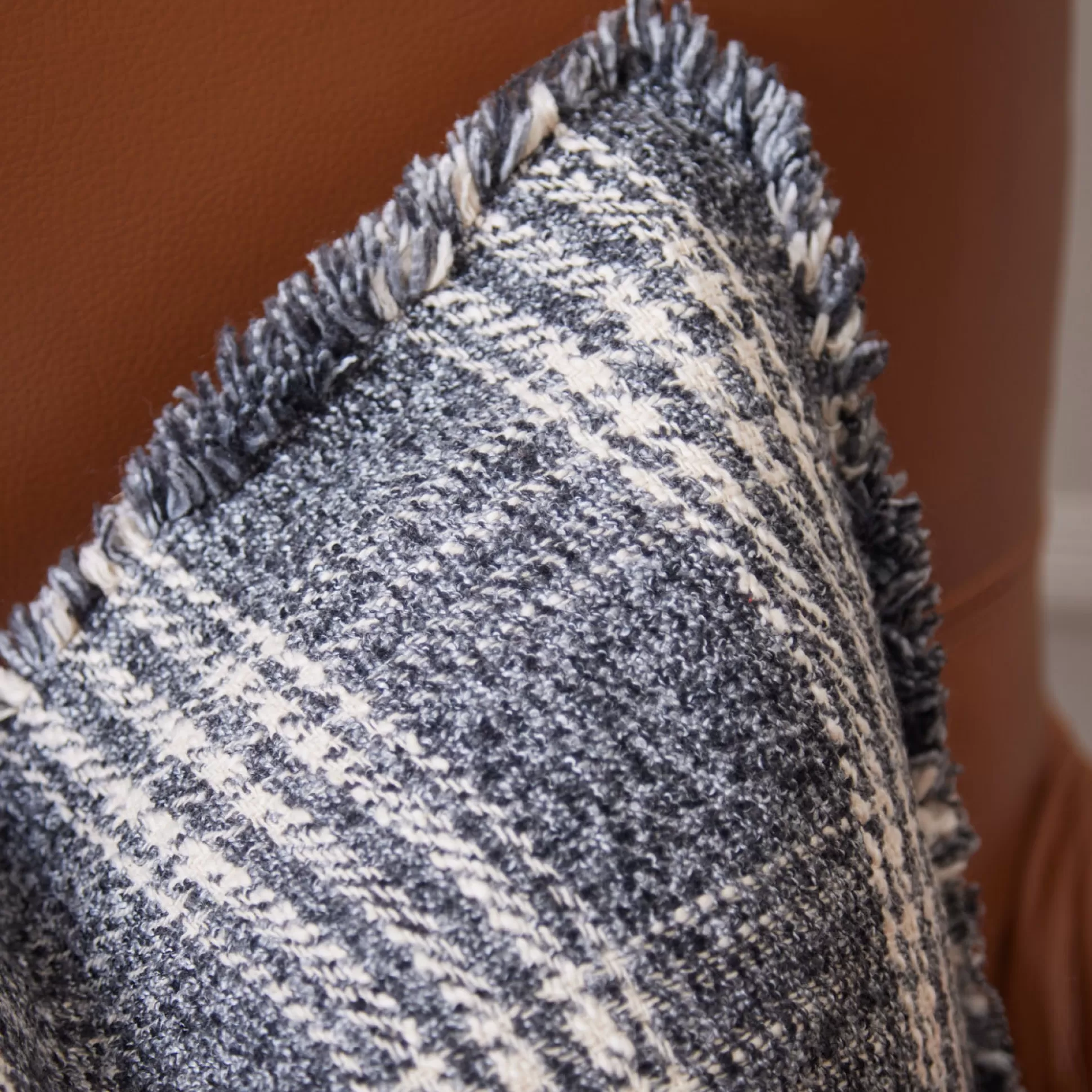 Cushions>Meadows and Byrne Grey Tartan Mixed Cushion With Frayed Edge