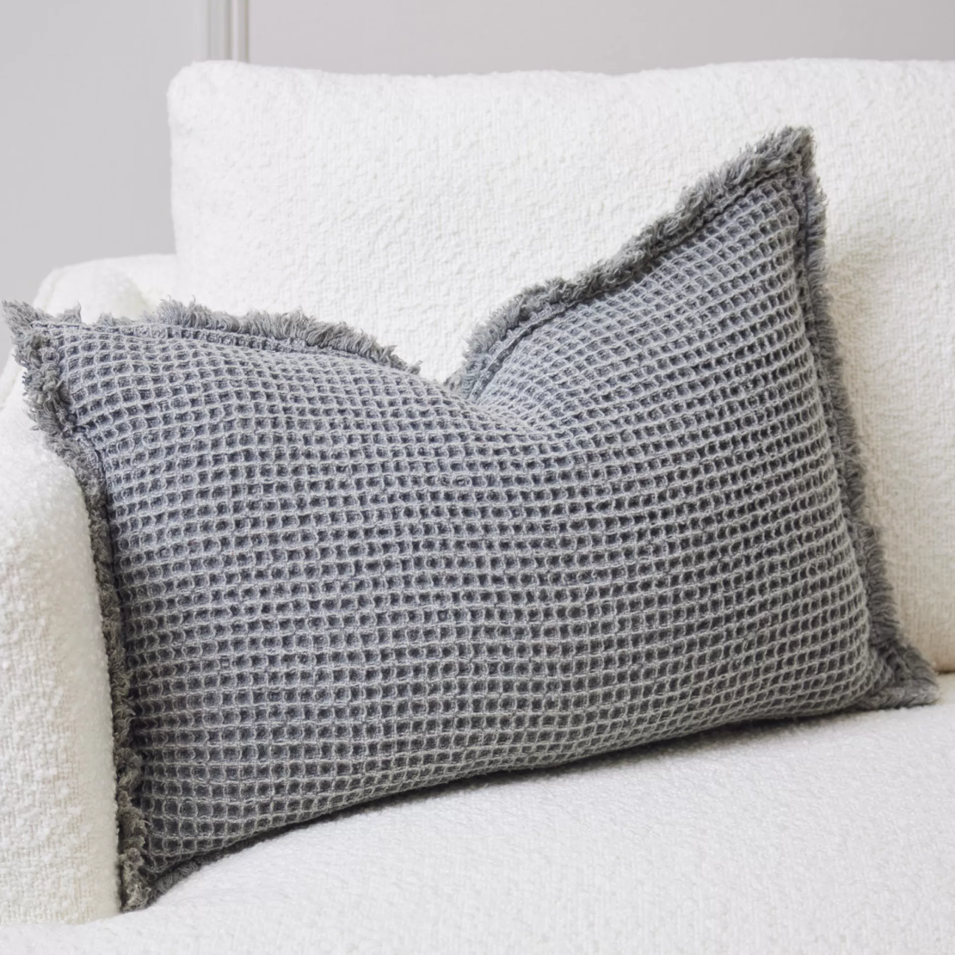 Cushions>Meadows and Byrne Grey Waffle Cushion With Frayed Edge