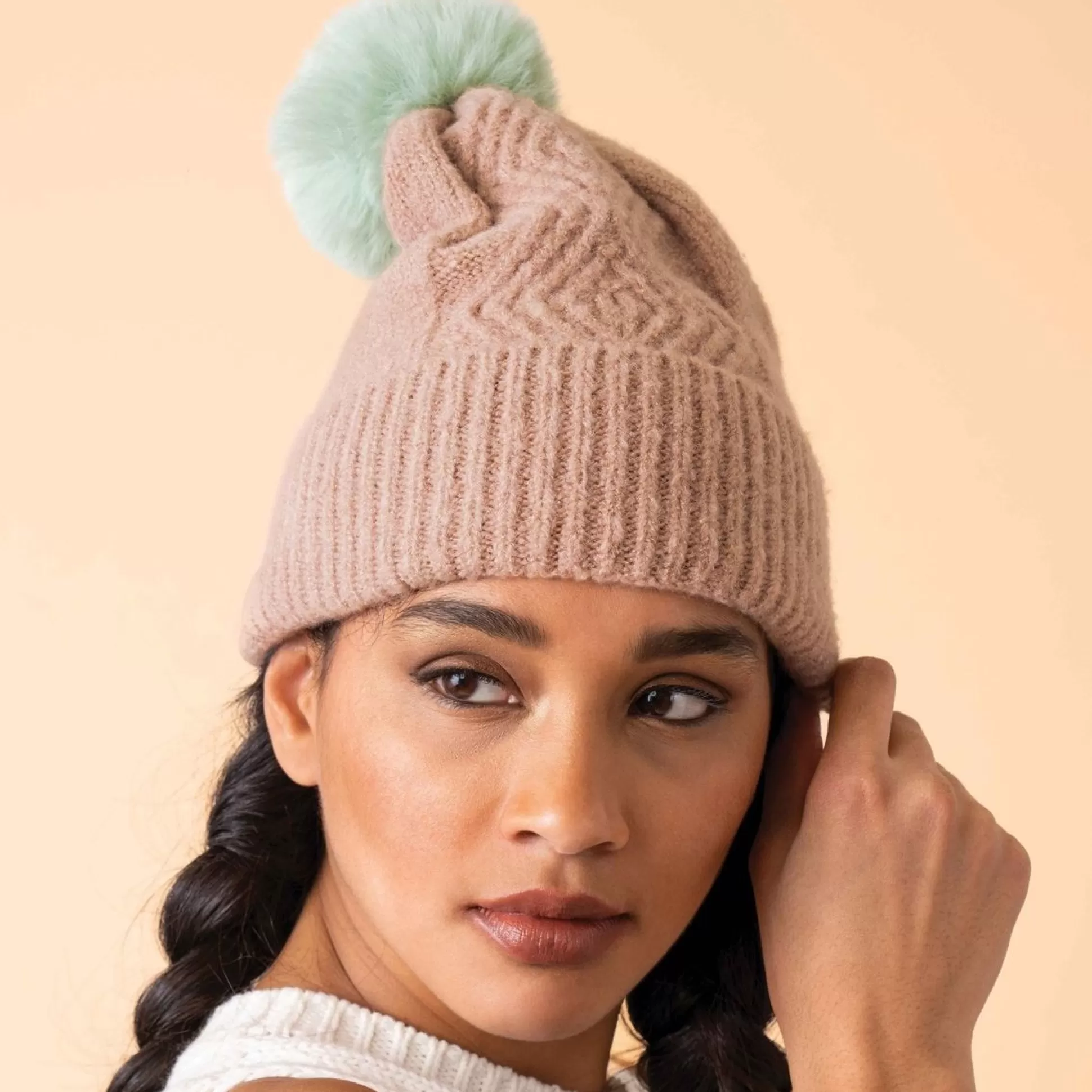 Hats, Scarves, Gloves>Meadows and Byrne Ingrid Pompom Hat Taupe