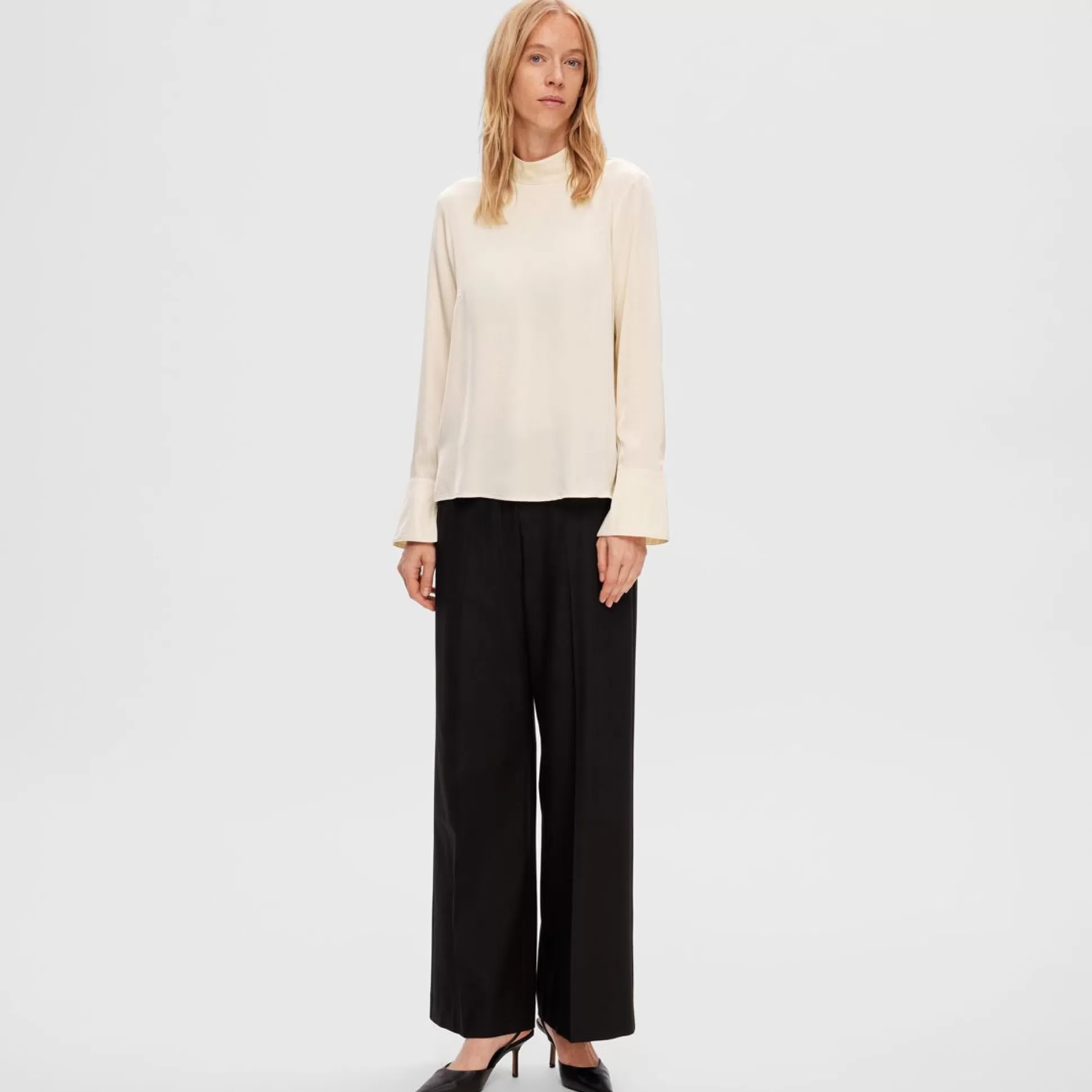 Tops & T-Shirts>Meadows and Byrne Ivy Long Sleeve Satin Top Cream