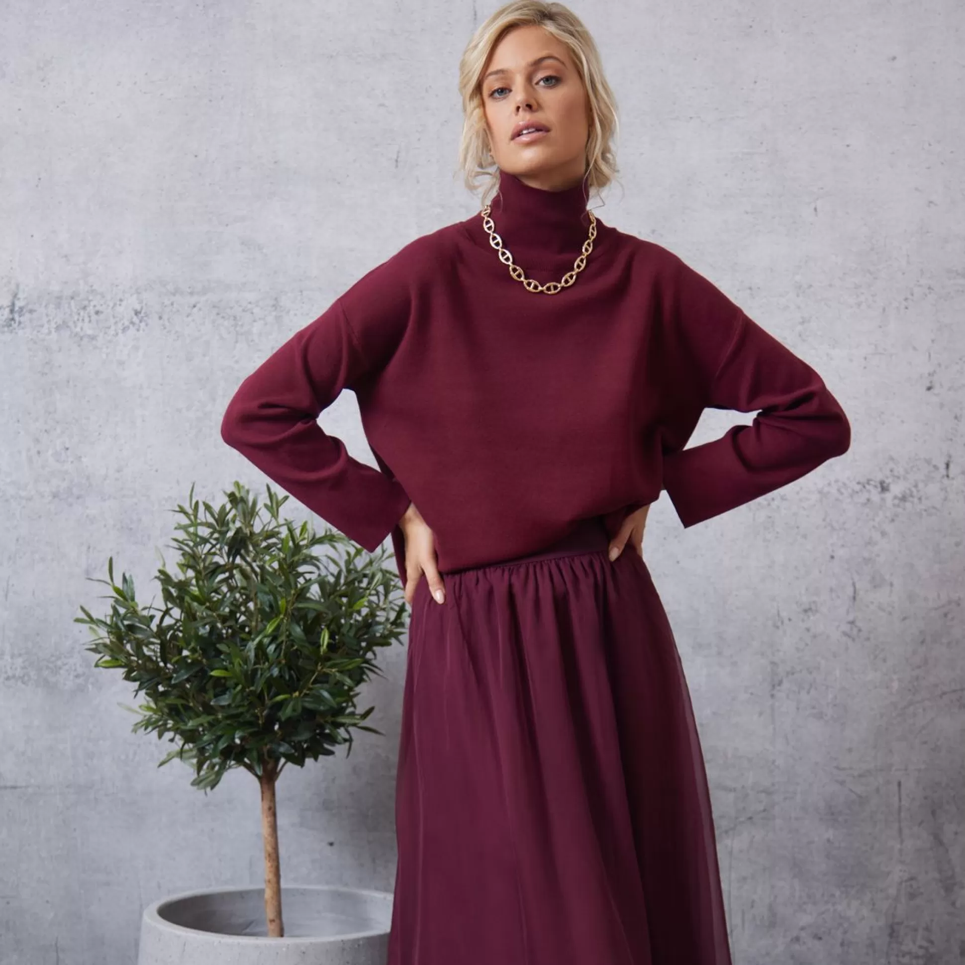 Jumpers & Cardigans>Meadows and Byrne Joanie Polo Neck Jumper - Wine
