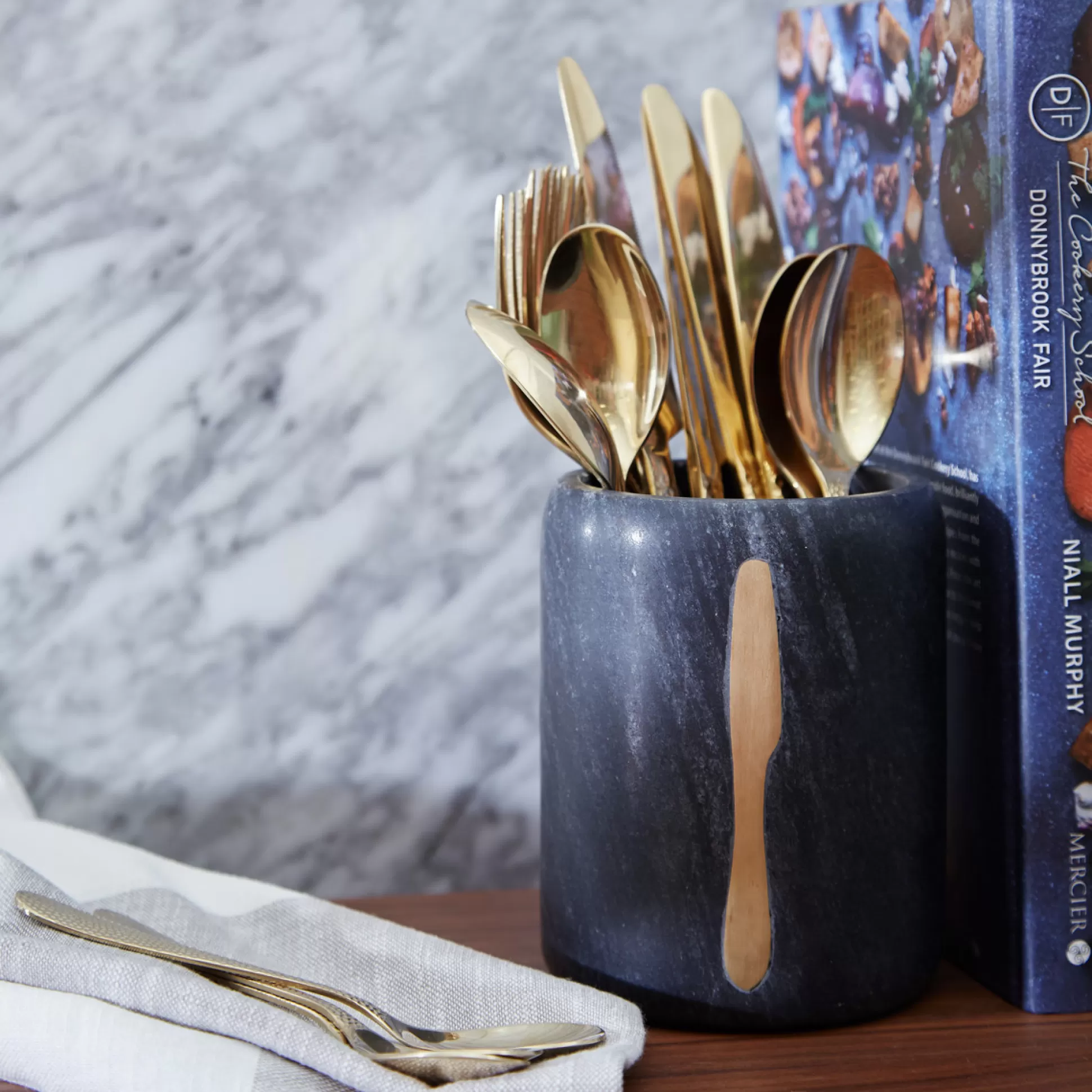 Kitchen Utensils & Accessories>Meadows and Byrne Knife Grey Marble & Brass Utensil Holder