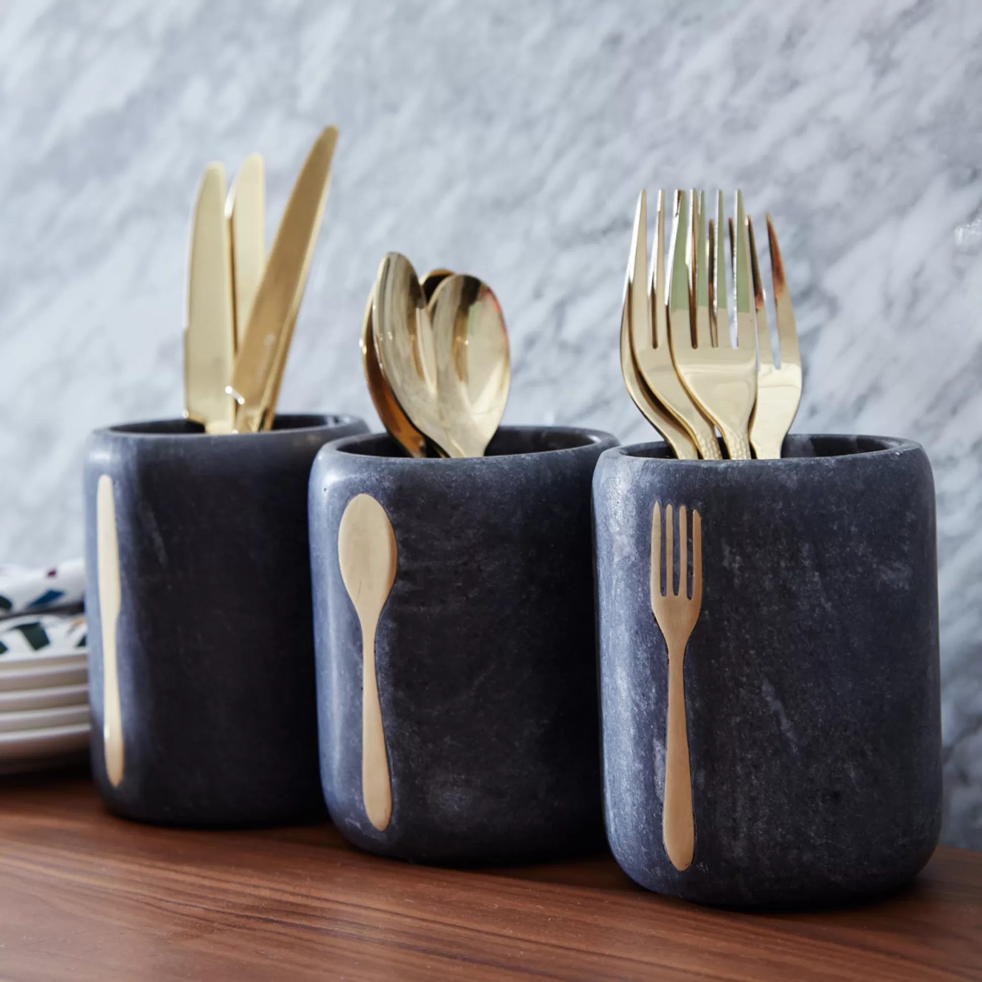 Kitchen Utensils & Accessories>Meadows and Byrne Knife Grey Marble & Brass Utensil Holder