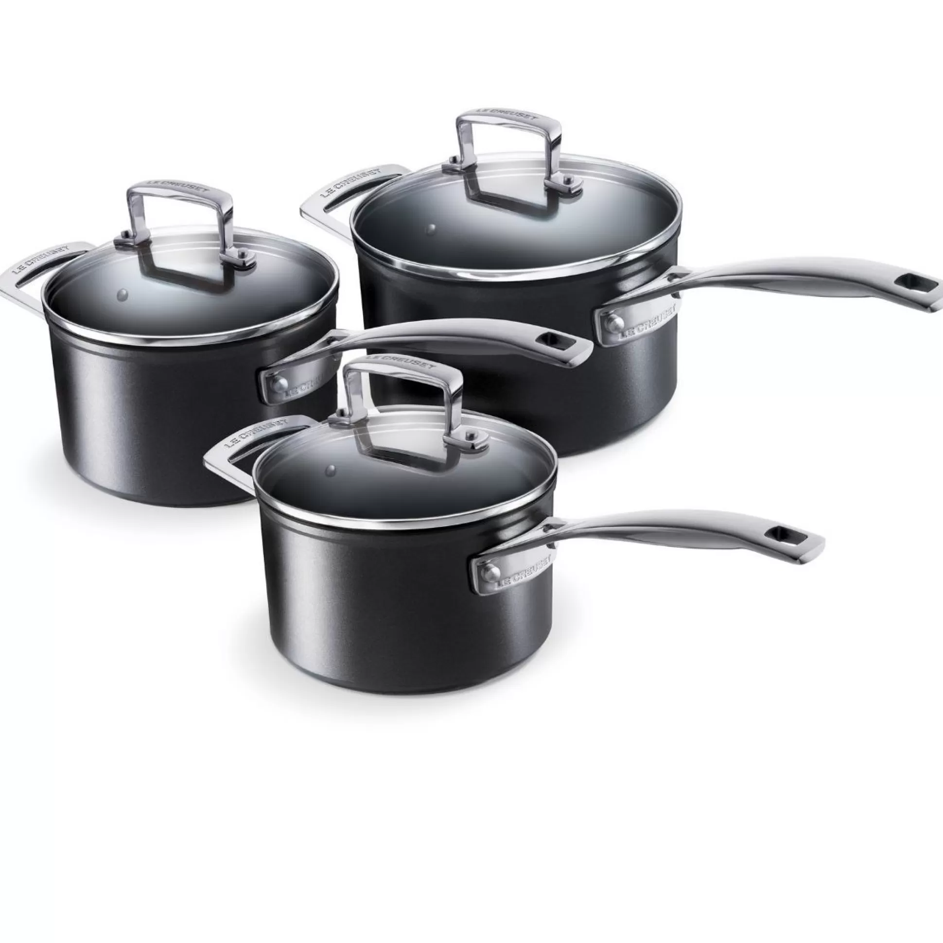 Cookware>Meadows and Byrne Le Creuset Toughened Non-Stick 3 Piece Saucepan Set