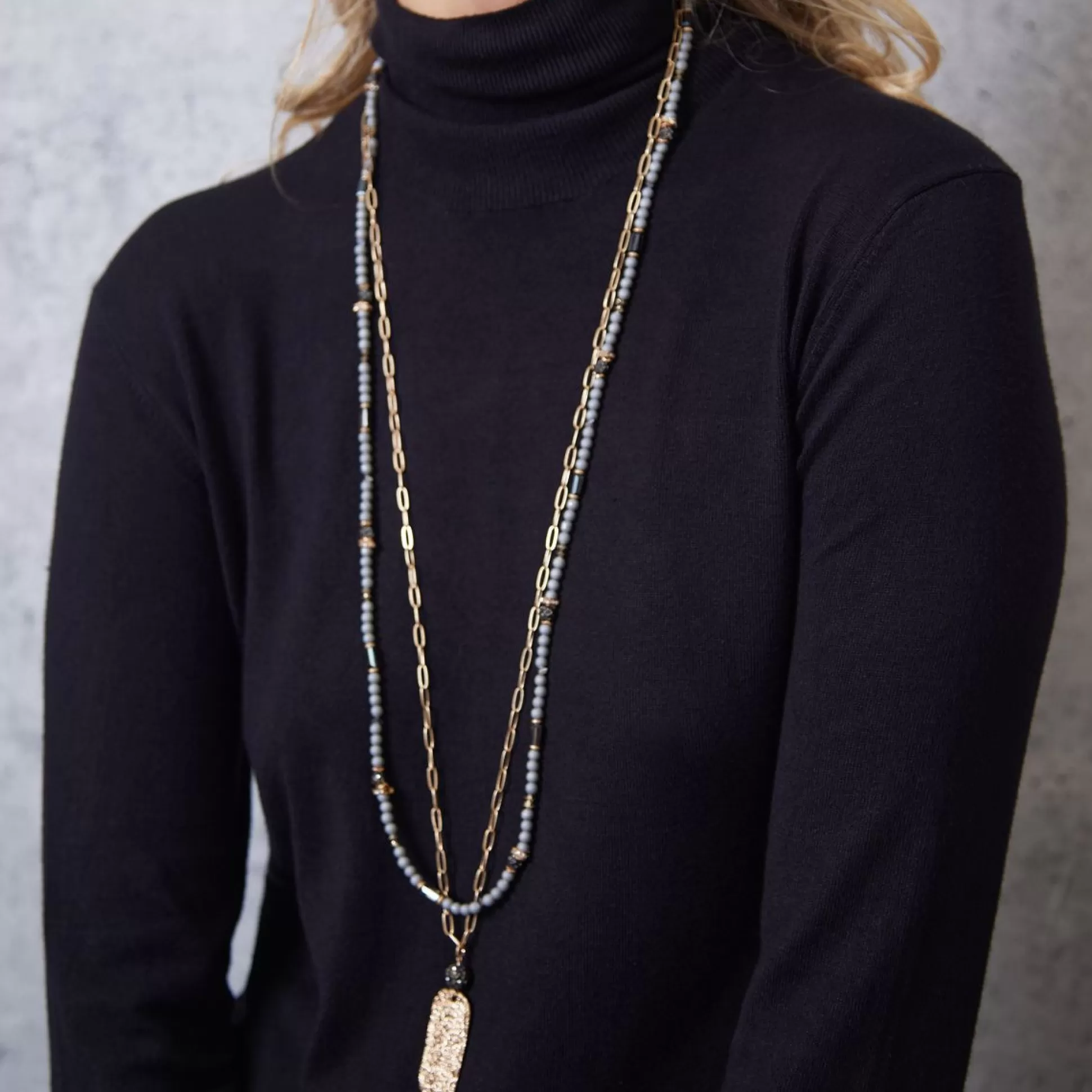 Jewellery>Meadows and Byrne Long Double Layer Necklace Gold/Grey