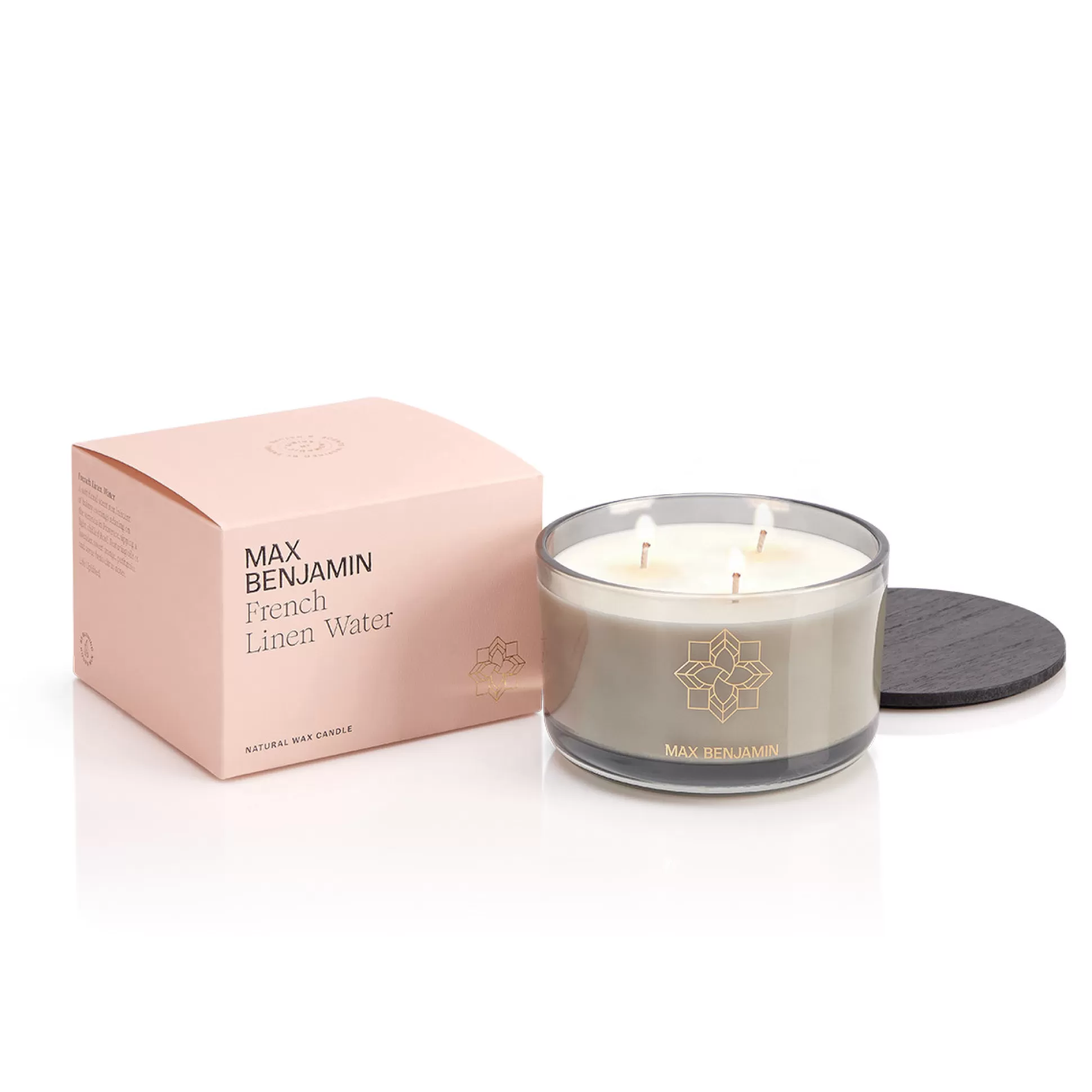 Scented Candles>Meadows and Byrne Max Benjamin French Linen Water Luxury 3 Wick Candle & Lid