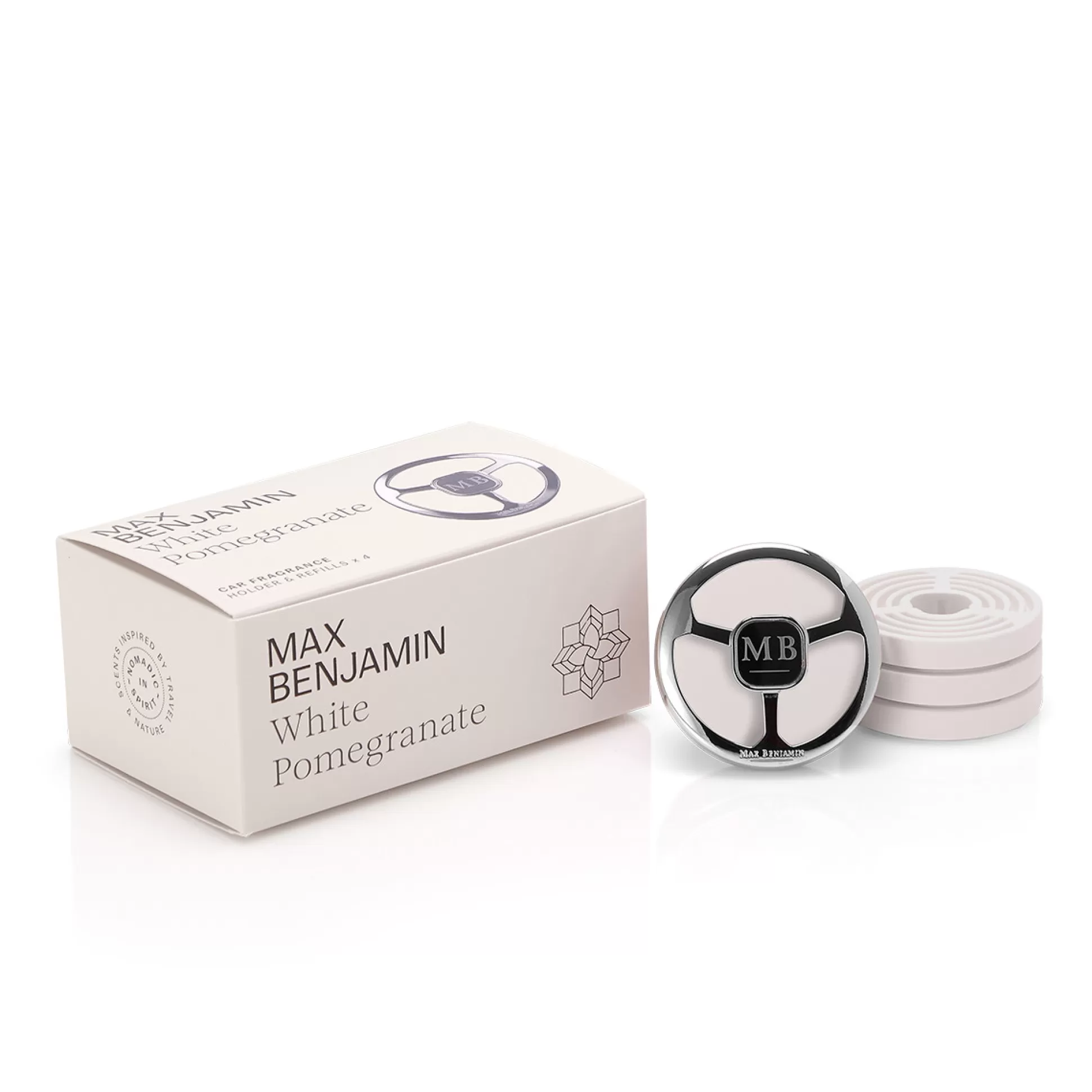 Candles & Diffusers>Meadows and Byrne Max Benjamin White Pomegranate Car Fragrance Gift Set