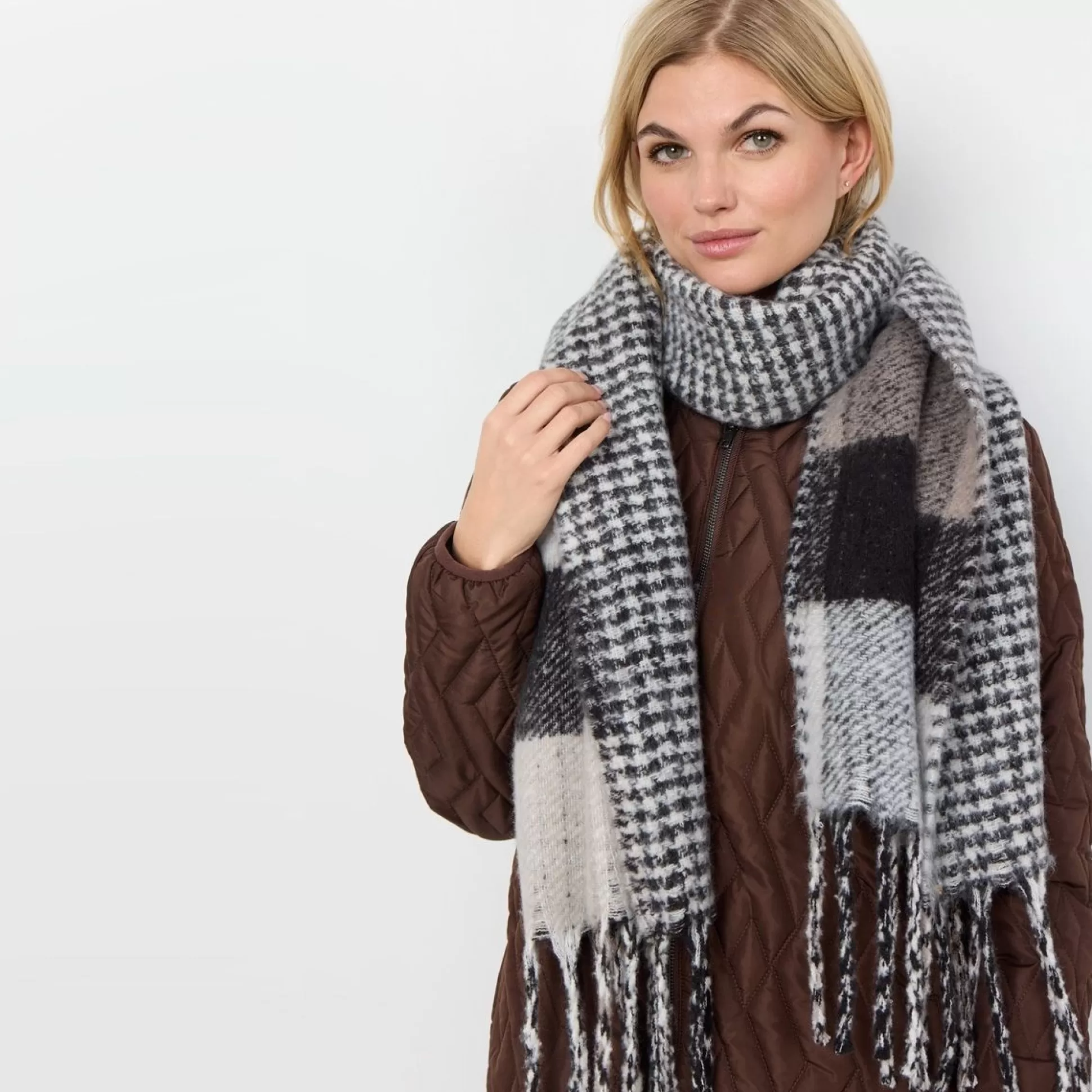 Hats, Scarves, Gloves>Meadows and Byrne Mitta Check Print Scarf Black Mix