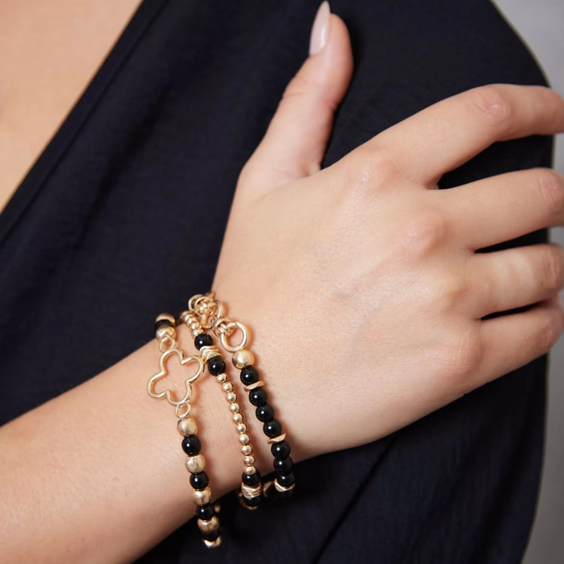 Jewellery>Meadows and Byrne Multilayer Fleur Bead Bracelet Gold/Black