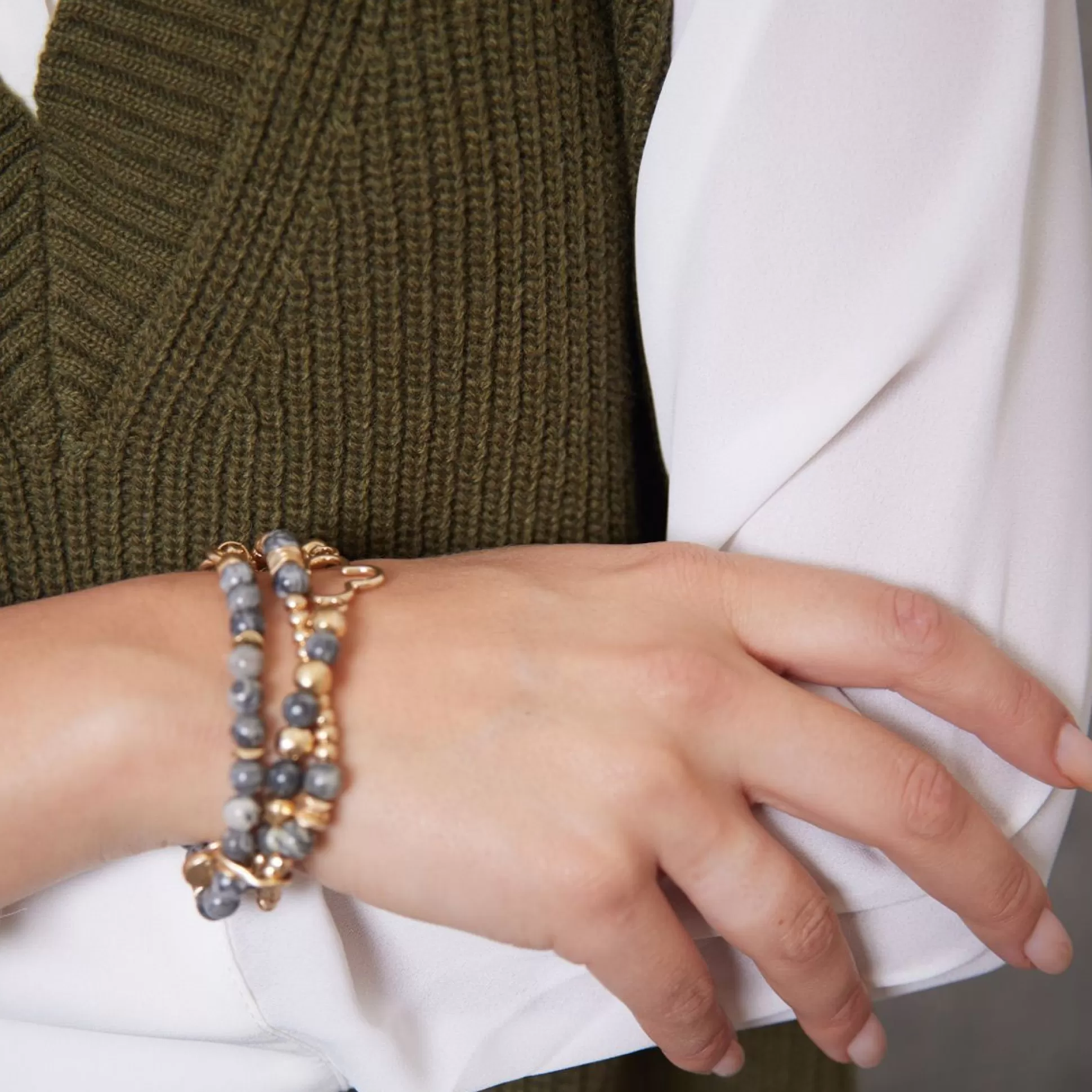 Jewellery>Meadows and Byrne Multilayer Fleur Bead Bracelet Gold/Grey