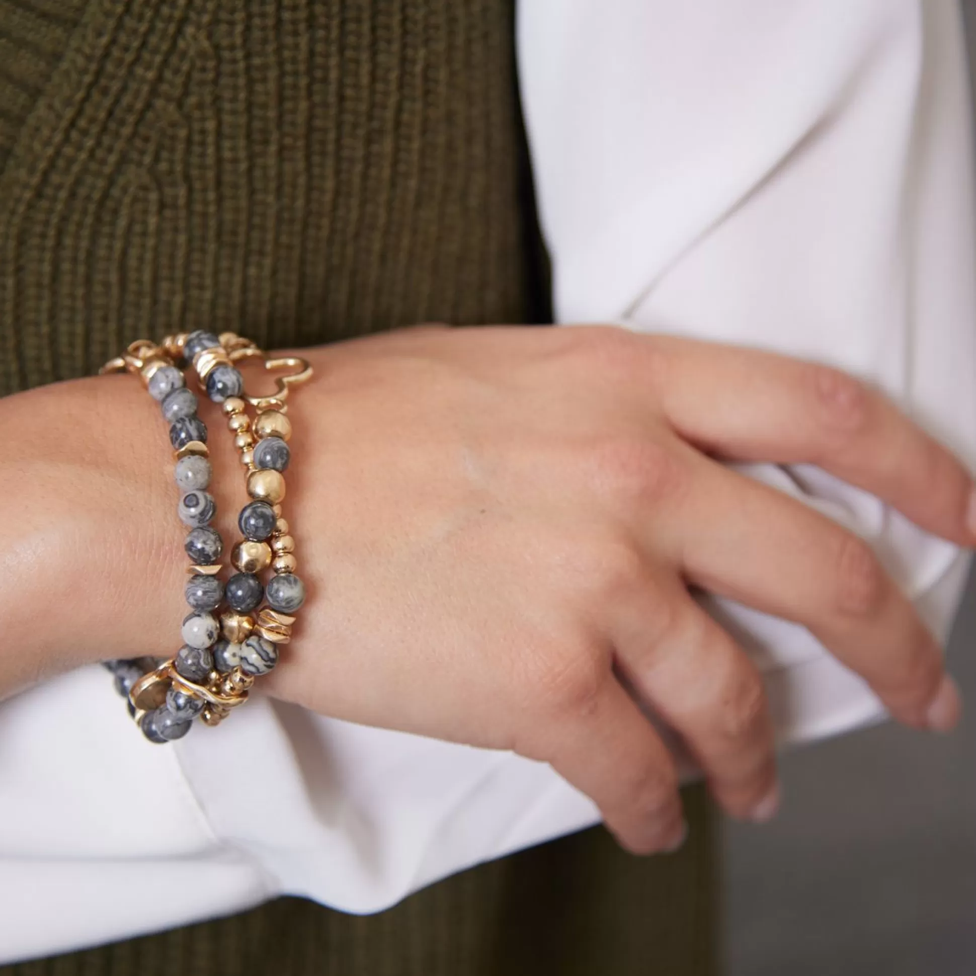Jewellery>Meadows and Byrne Multilayer Fleur Bead Bracelet Gold/Grey