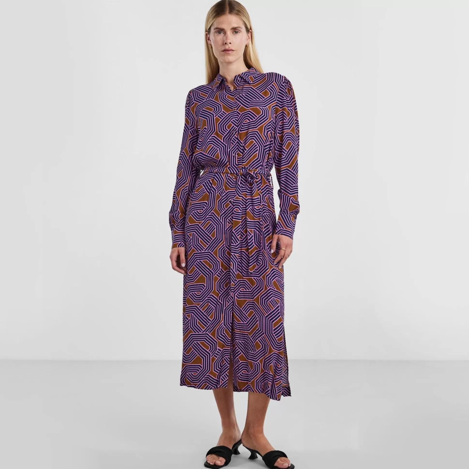 Dresses & Skirts>Meadows and Byrne Mykos Geo-Print Midi Shirt Dress Multicoloured