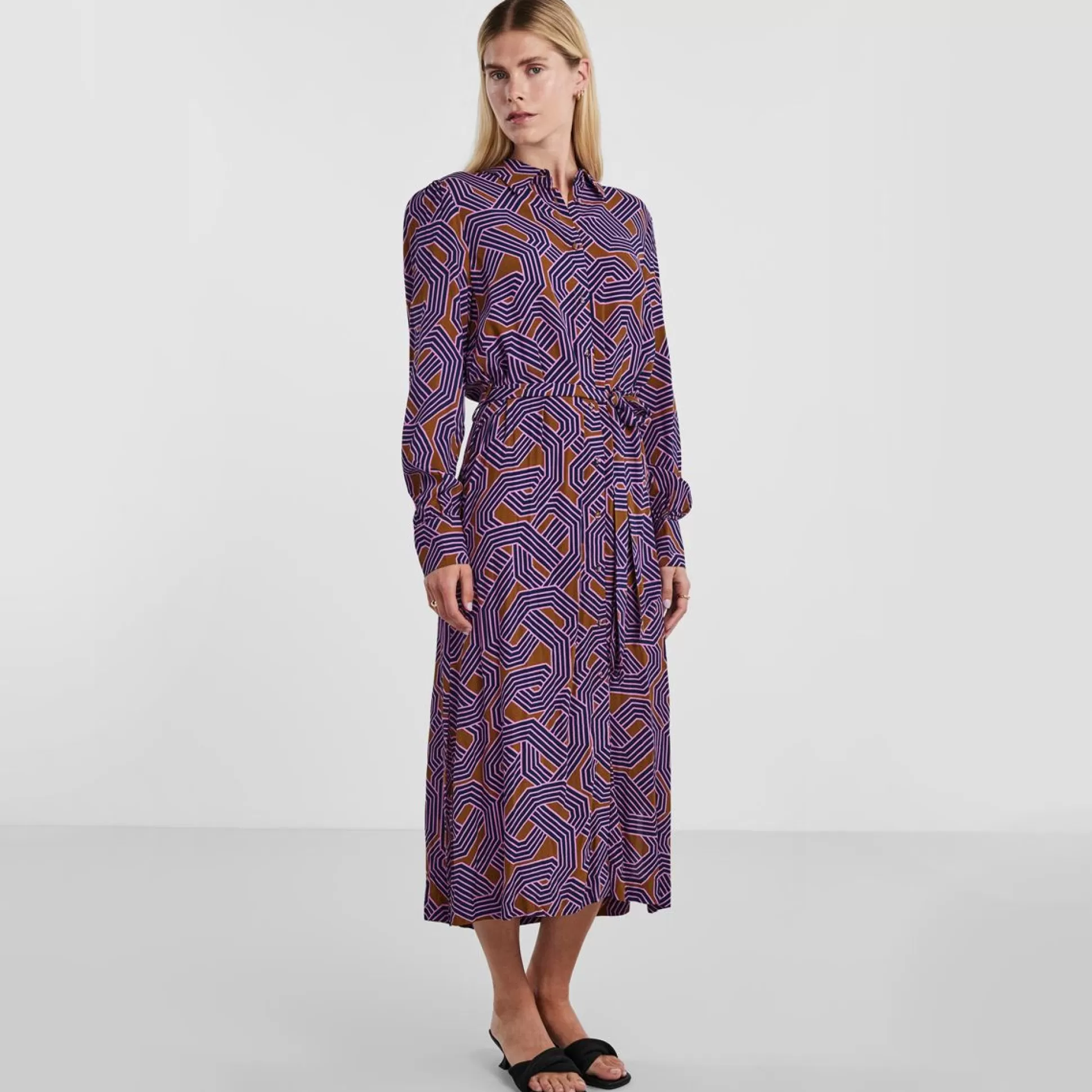 Dresses & Skirts>Meadows and Byrne Mykos Geo-Print Midi Shirt Dress Multicoloured