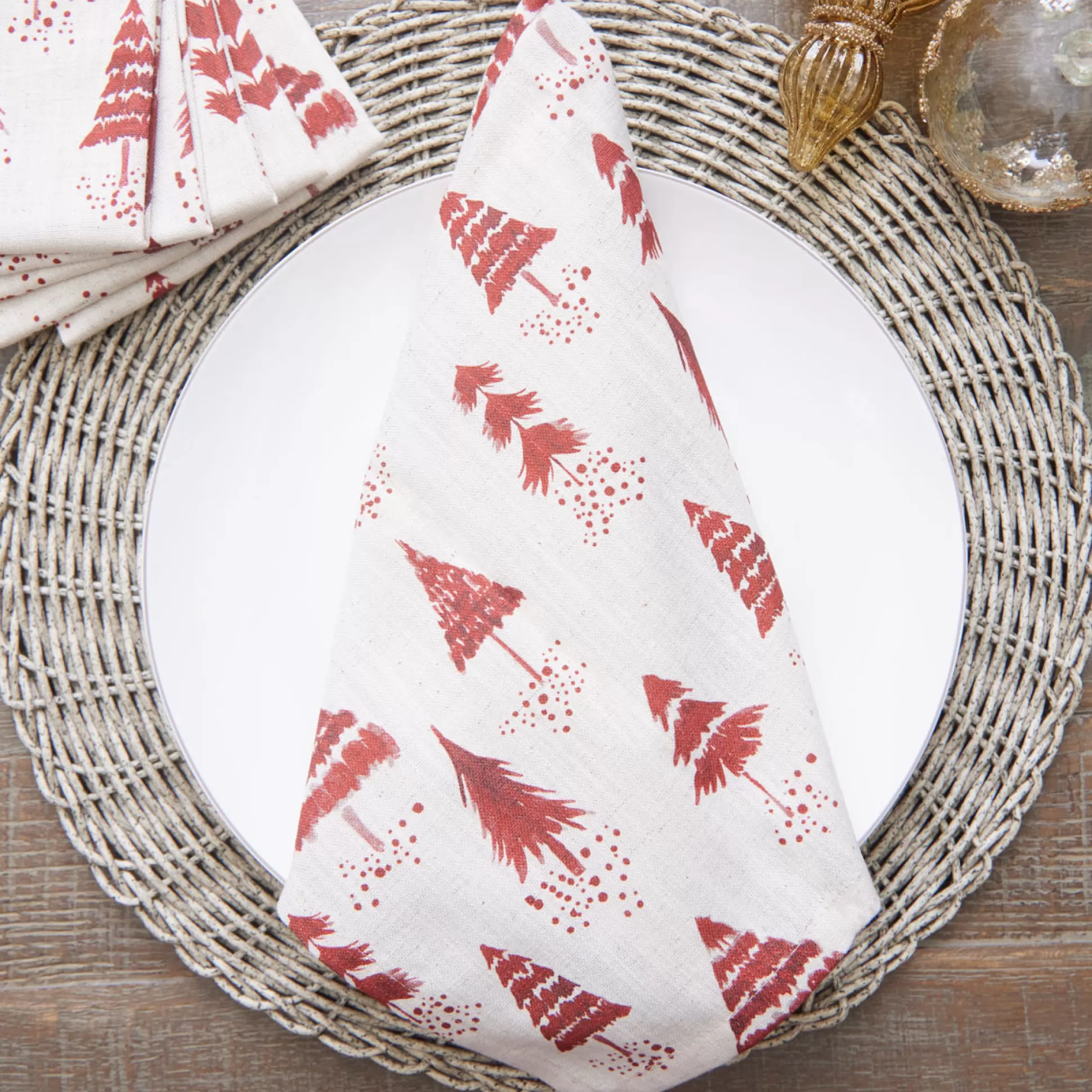 Table Linen>Meadows and Byrne Natural & Rust Red Tree Napkin Set Of 6