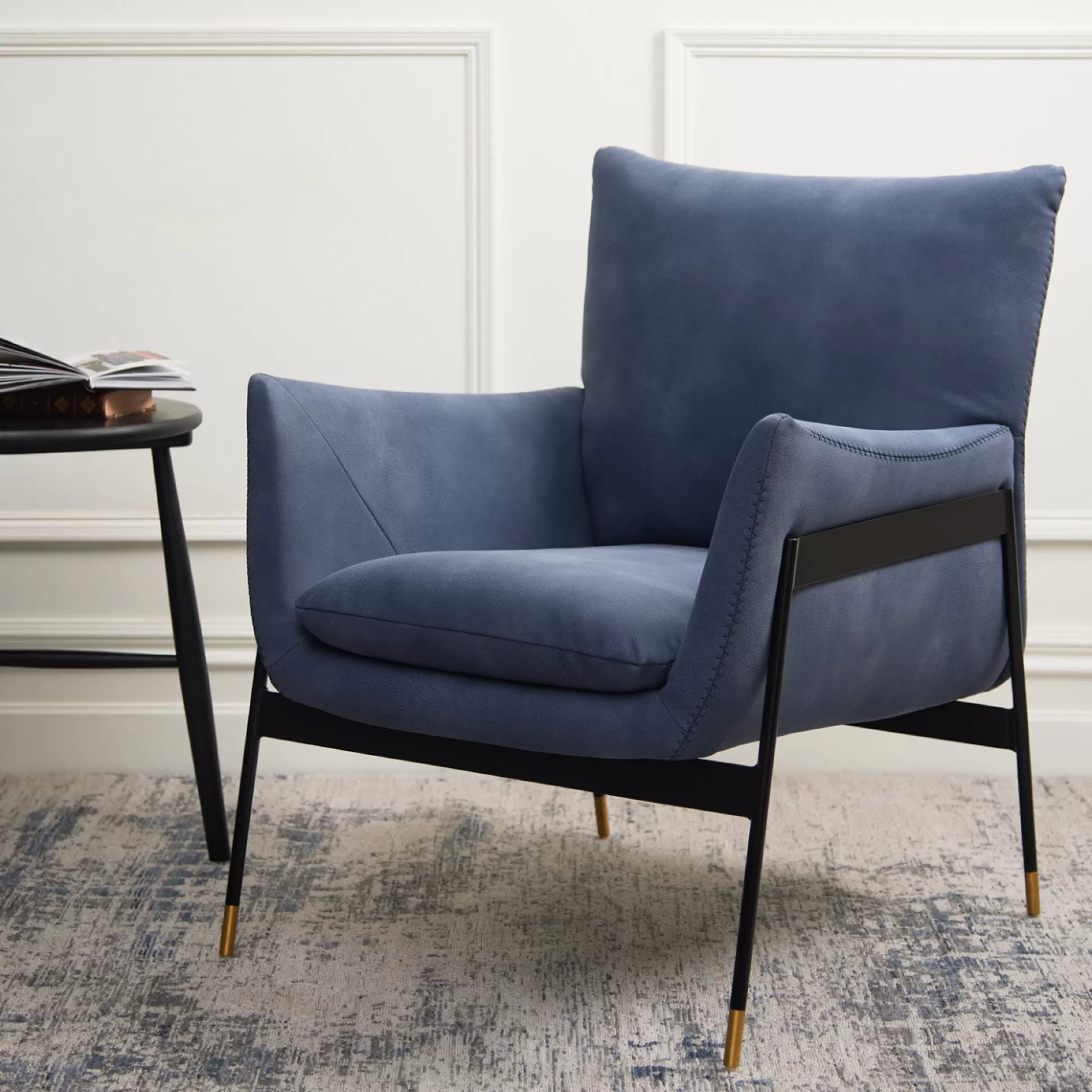 Armchairs>Meadows and Byrne Owen Blue Faux Leather And Metal Armchair