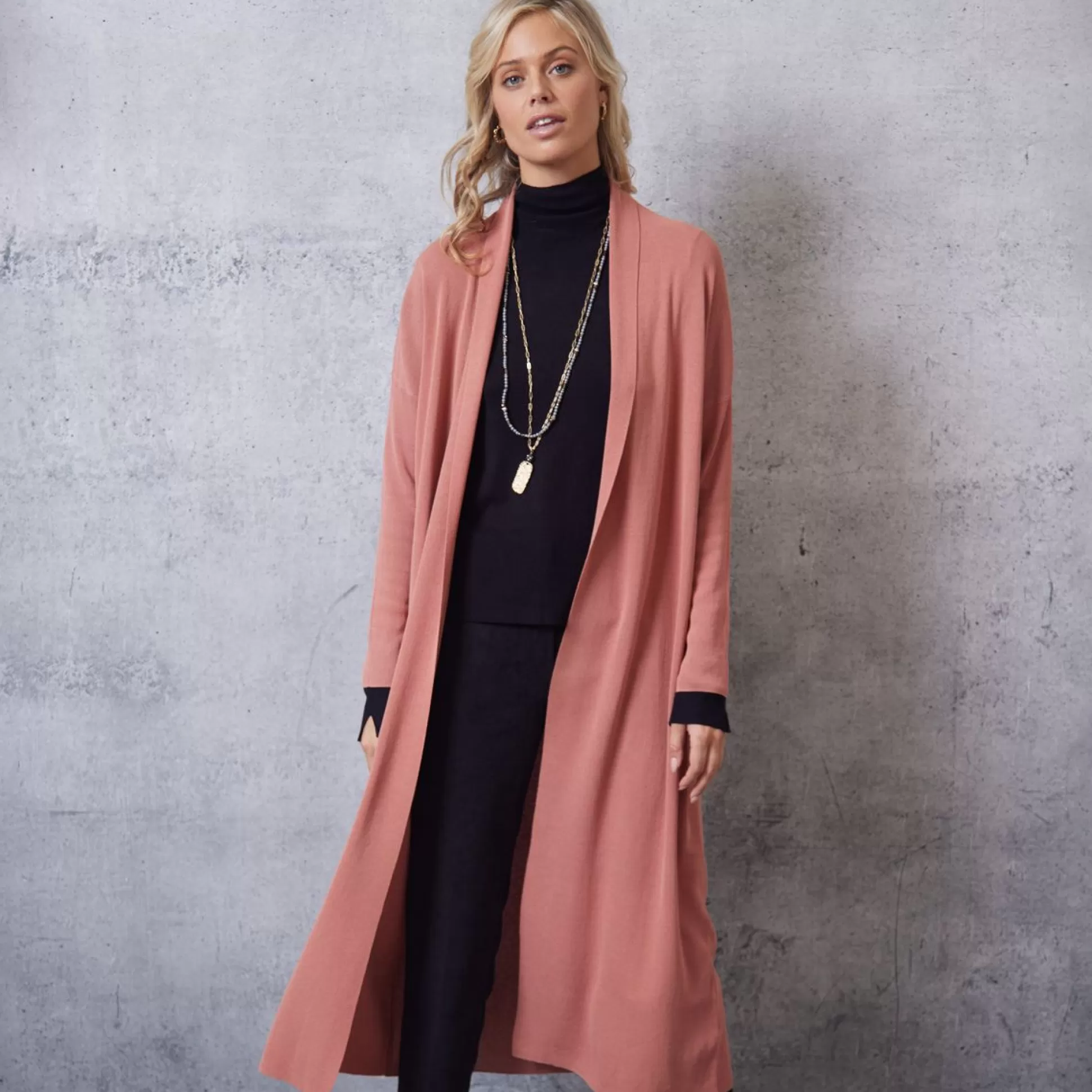 Jumpers & Cardigans>Meadows and Byrne Polly Long Duster Cardigan - Coral