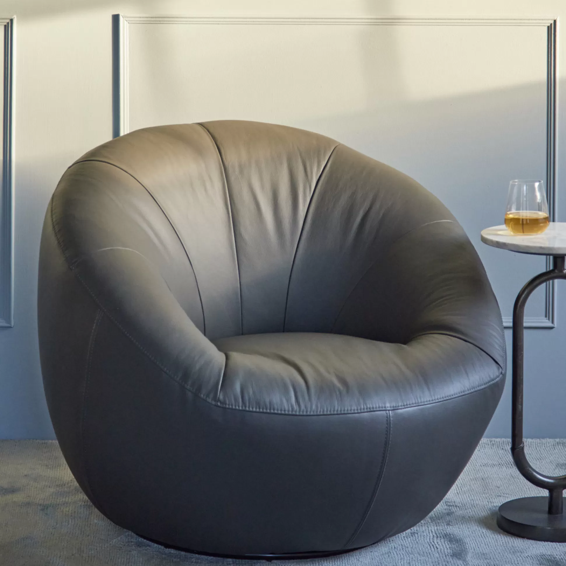 Armchairs>Meadows and Byrne Poppen Oversized Leather Swivel Tub Chair