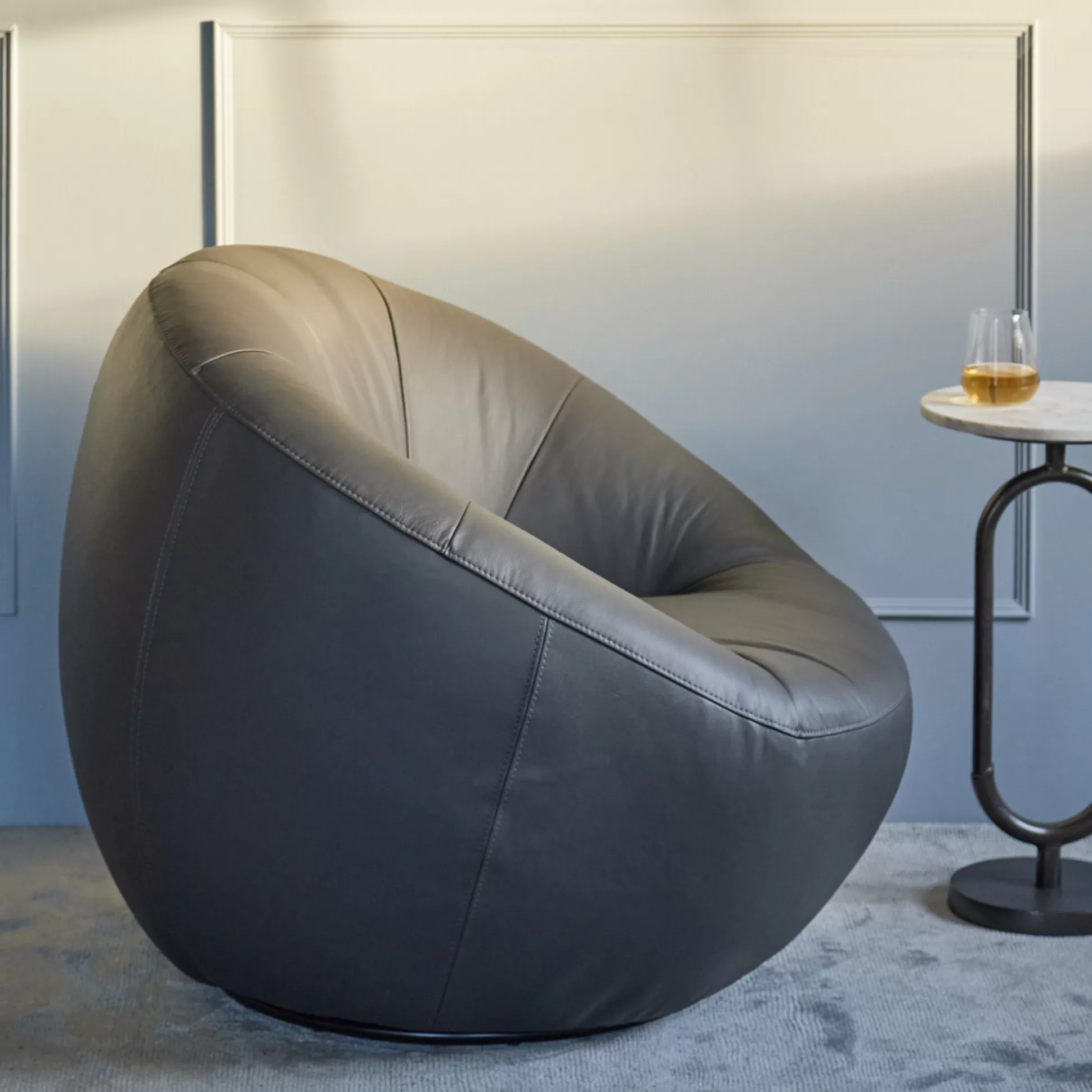 Armchairs>Meadows and Byrne Poppen Oversized Leather Swivel Tub Chair
