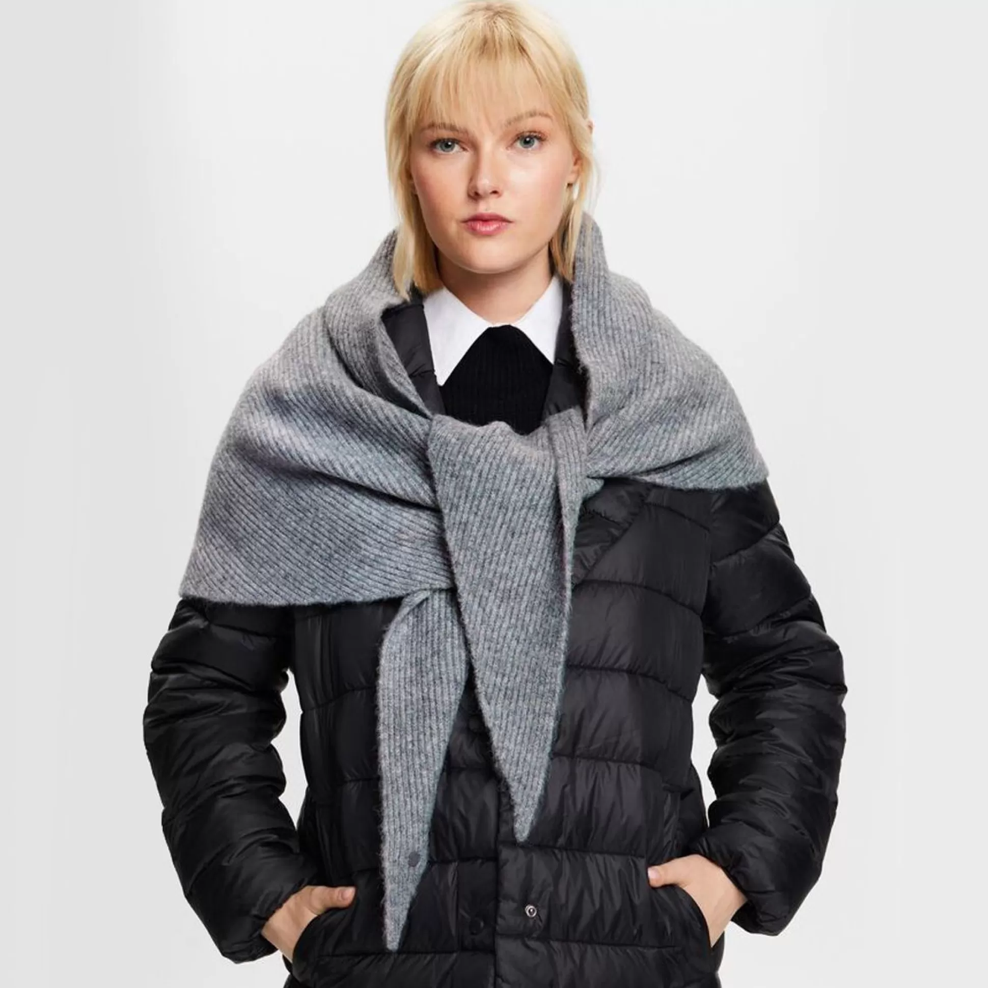 Hats, Scarves, Gloves>Meadows and Byrne Rib Knit Triangle Scarf Grey