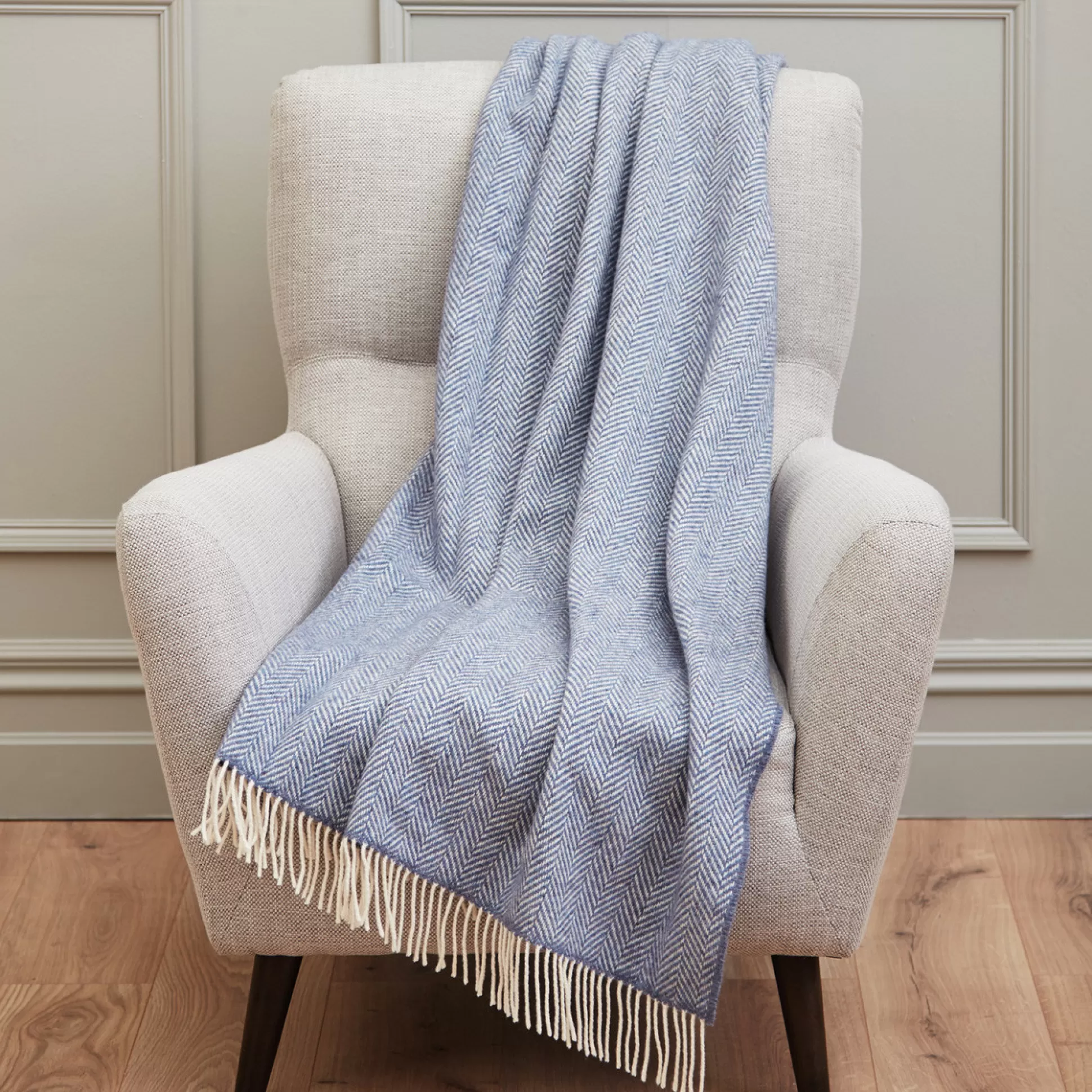 Blankets & Throws>Meadows and Byrne Sea Blue Herring Bone Irish Wool Throw