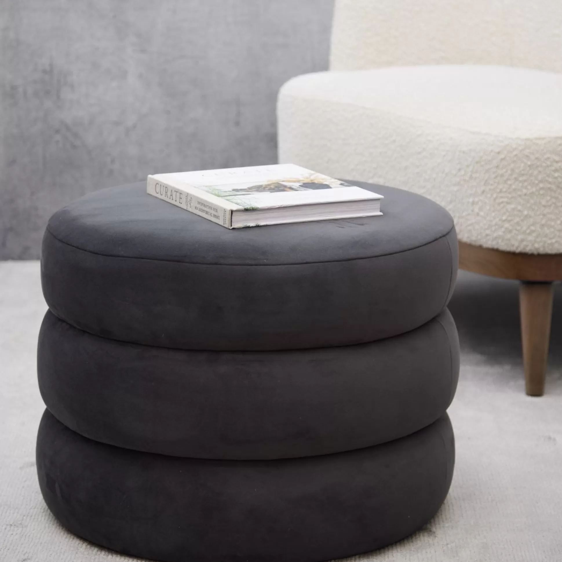 Ottomans&Footstools>Meadows and Byrne Sonia Round Footstool Gun Metal Velvet