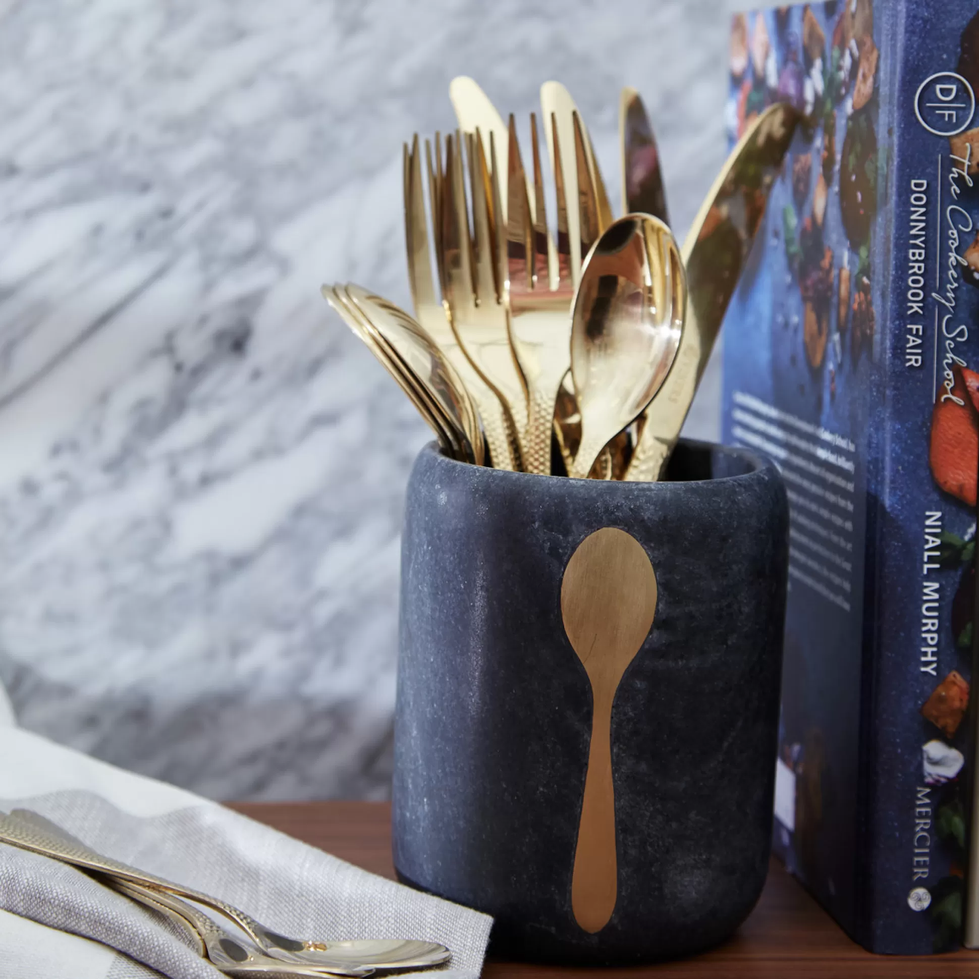 Kitchen Utensils & Accessories>Meadows and Byrne Spoon Grey Marble & Brass Utensil Holder