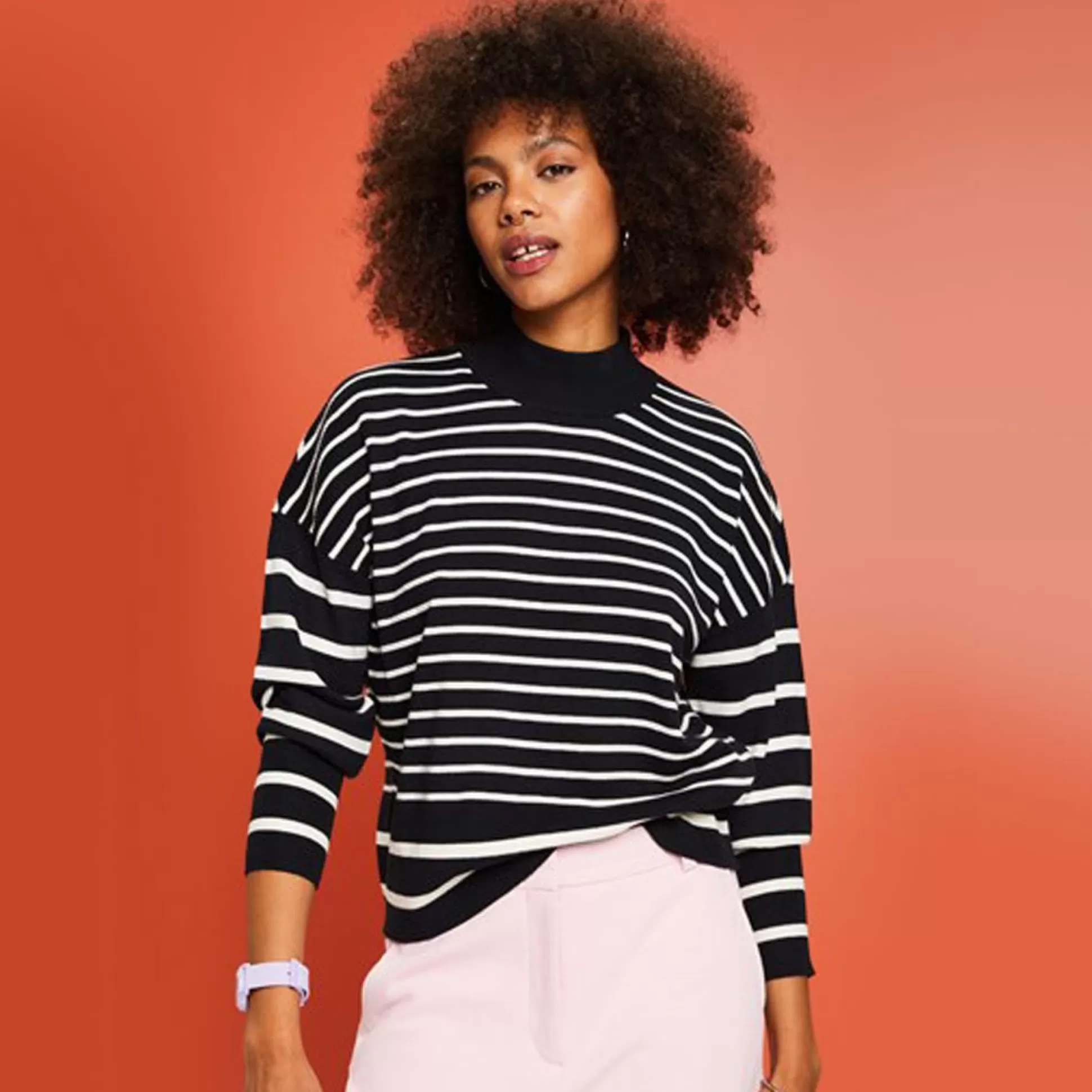 Jumpers & Cardigans>Meadows and Byrne Stripe High Neck Jumper Black & White