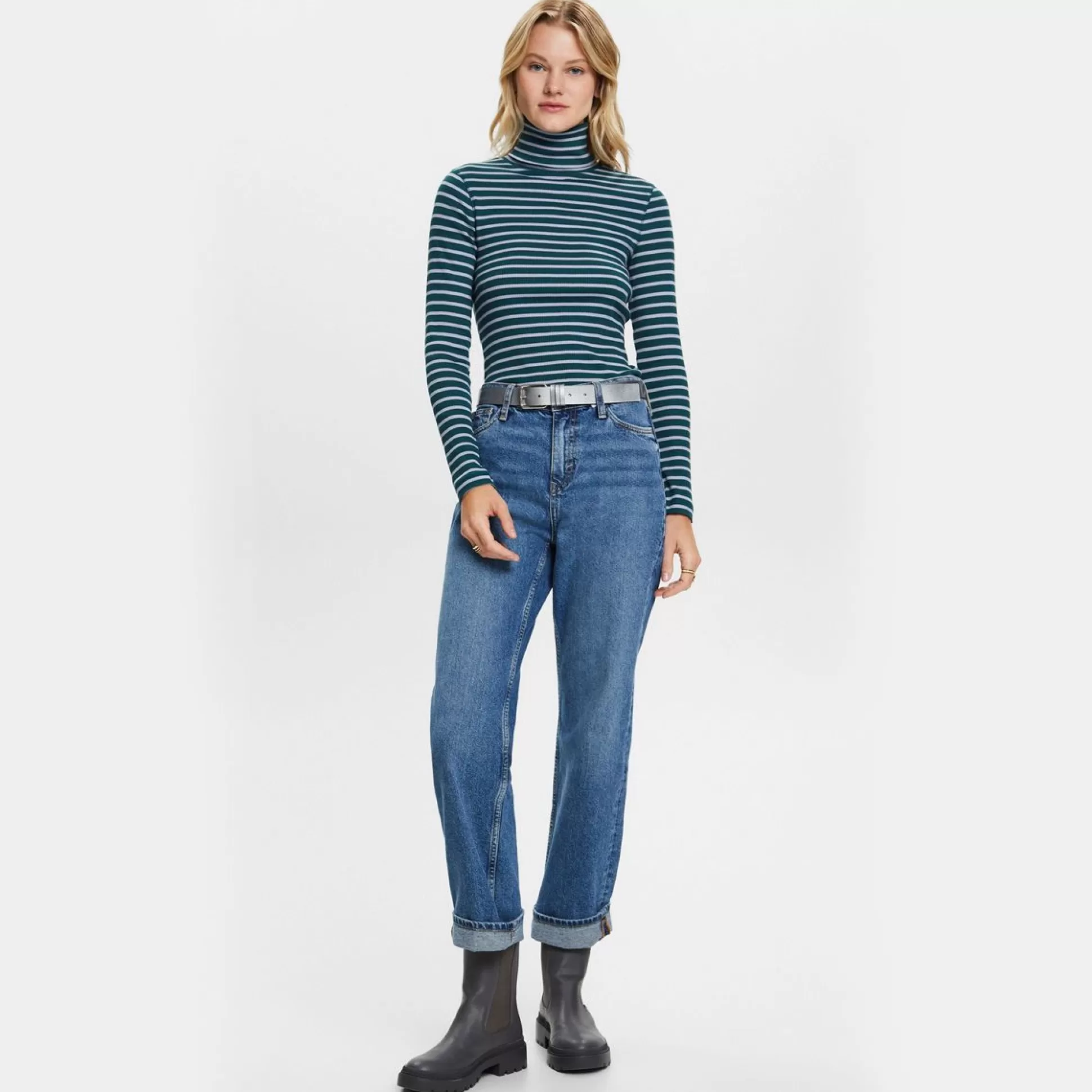 Tops & T-Shirts>Meadows and Byrne Stripe Polo-Neck Green & Blue