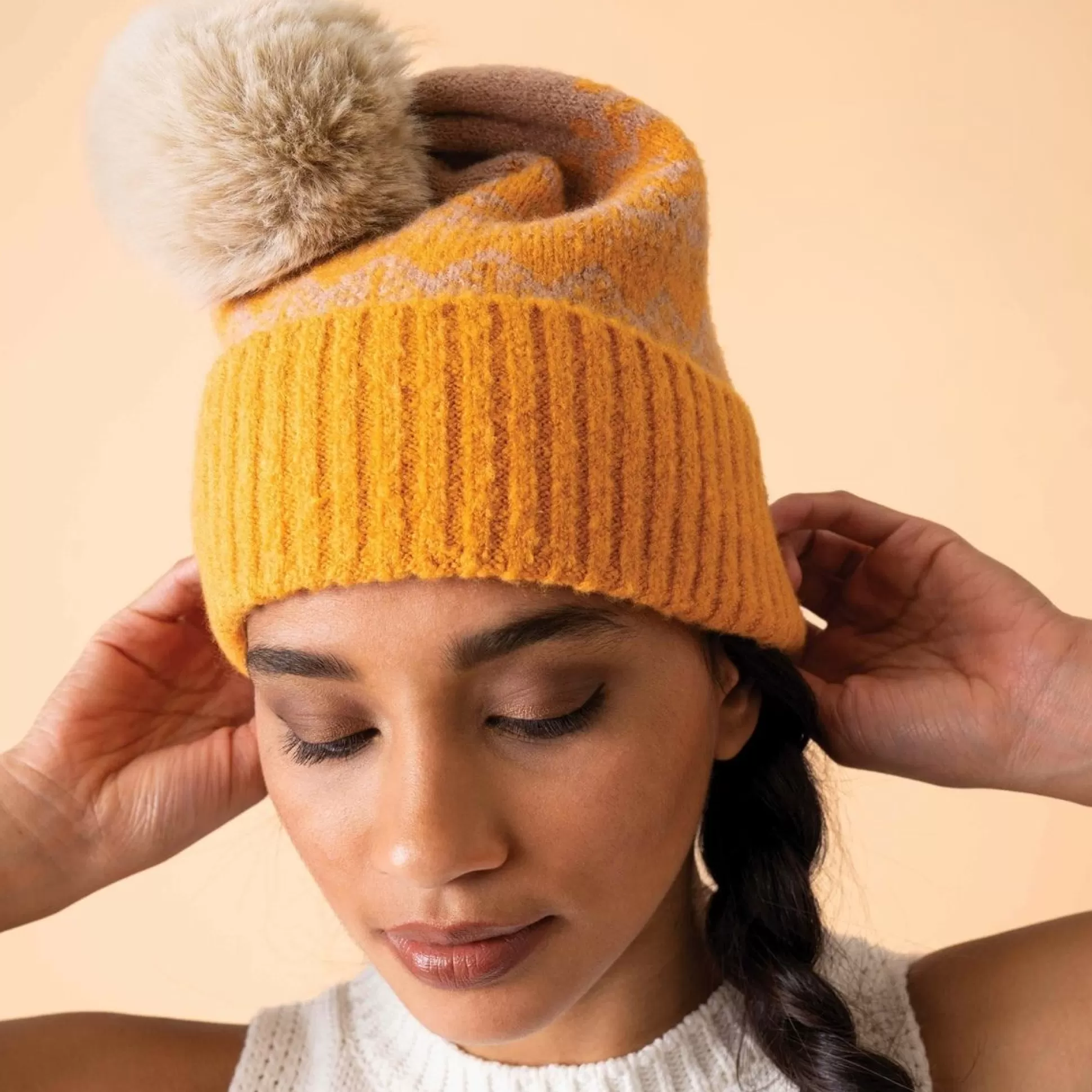Hats, Scarves, Gloves>Meadows and Byrne Thora Knit Pompom Hat Mustard/Taupe