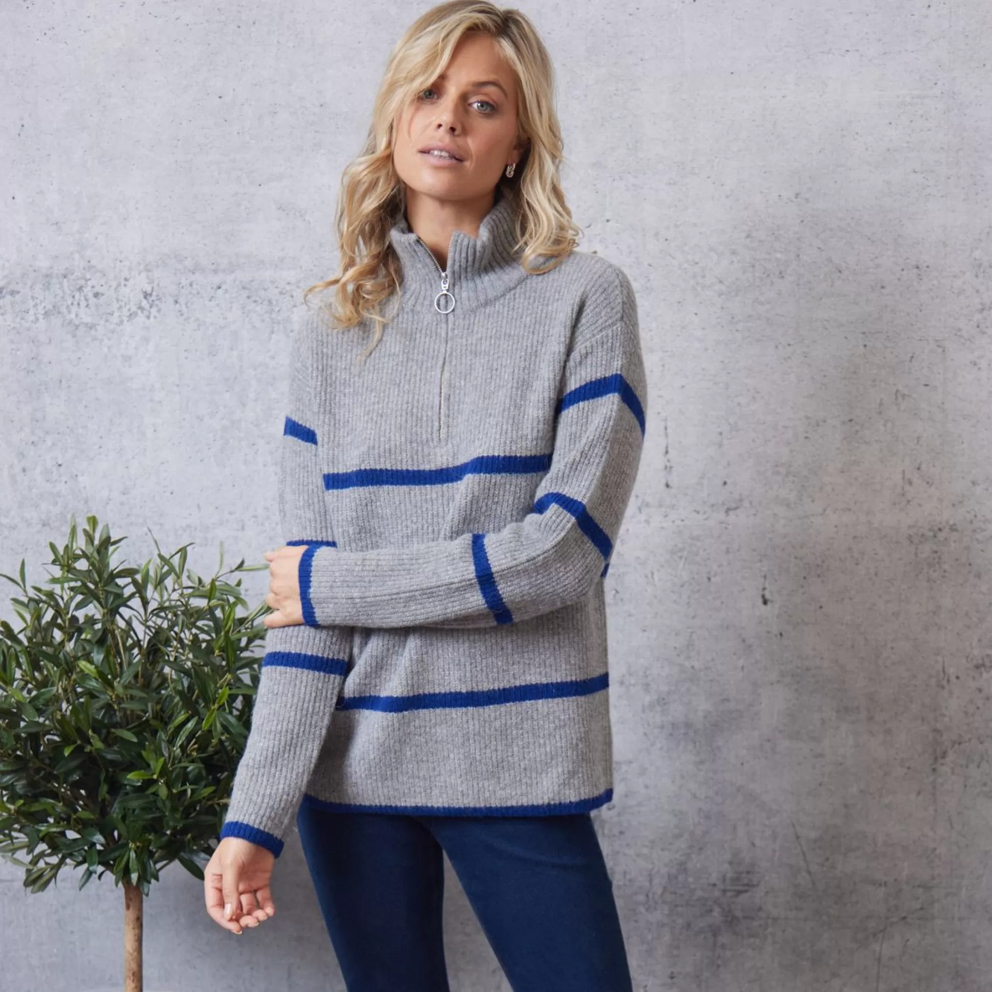 Jumpers & Cardigans>Meadows and Byrne Tullah Stripe 1/2 Zip Jumper - Grey/Blue