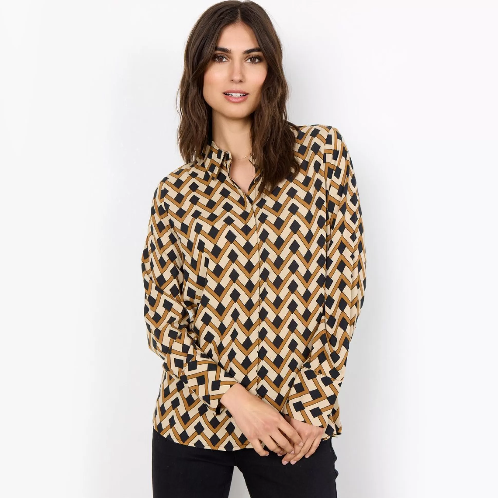 Shirts & Blouses>Meadows and Byrne Veronika Geo Print Shirt Sand Print