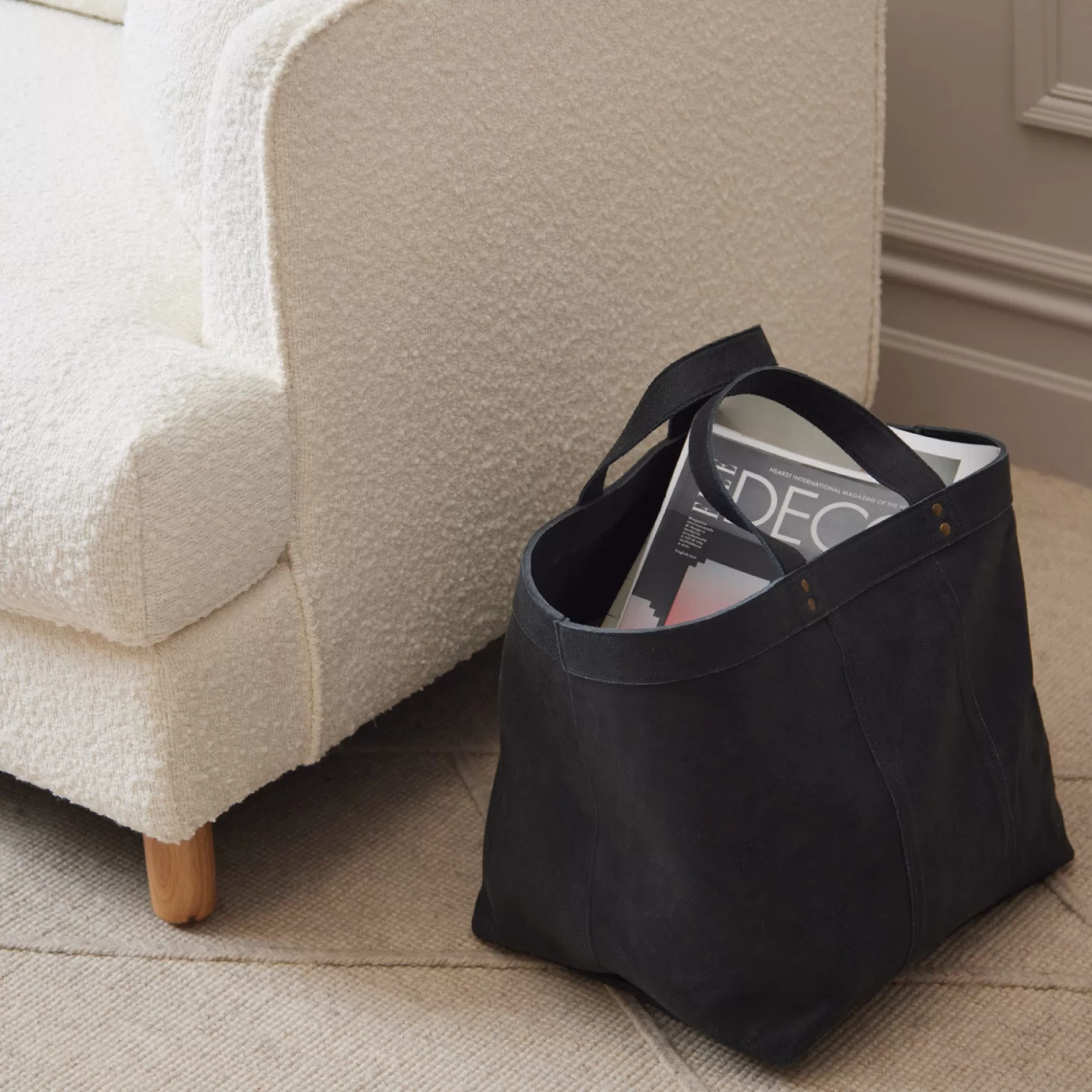 Storage>Meadows and Byrne Vintage Grey Leather Storage Basket