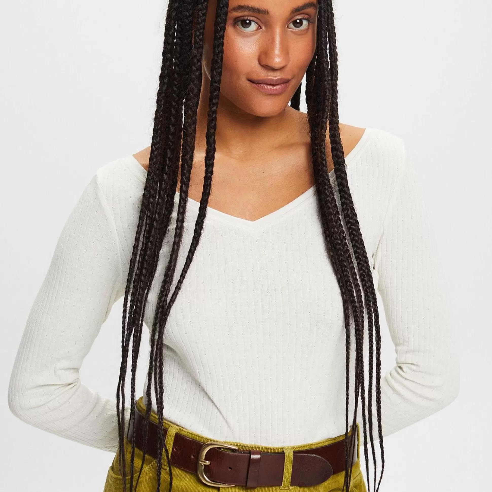 Tops & T-Shirts>Meadows and Byrne V-Neck Long Sleeve T-Shirt Cream
